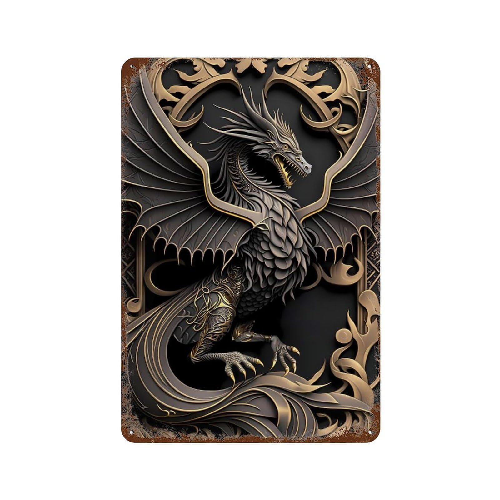 Vintage Rust Metal Sign Golden Legend Dragon 11.8"x7.9", Old School Wall Decor for Garage, Bar And Workshop Decor