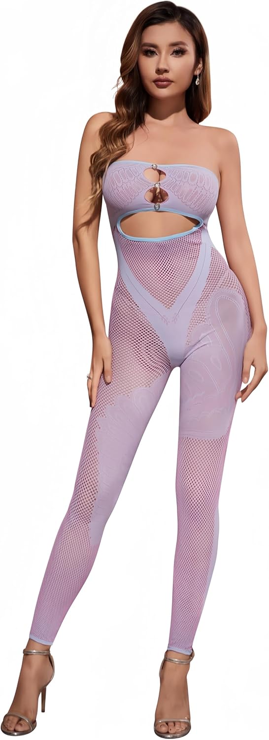 Women’s Sexy Sleeveless One Piece Jumpsuit Mesh See-through Lace Jumpsuits Cut Out Bodycon Rompers(Blue)