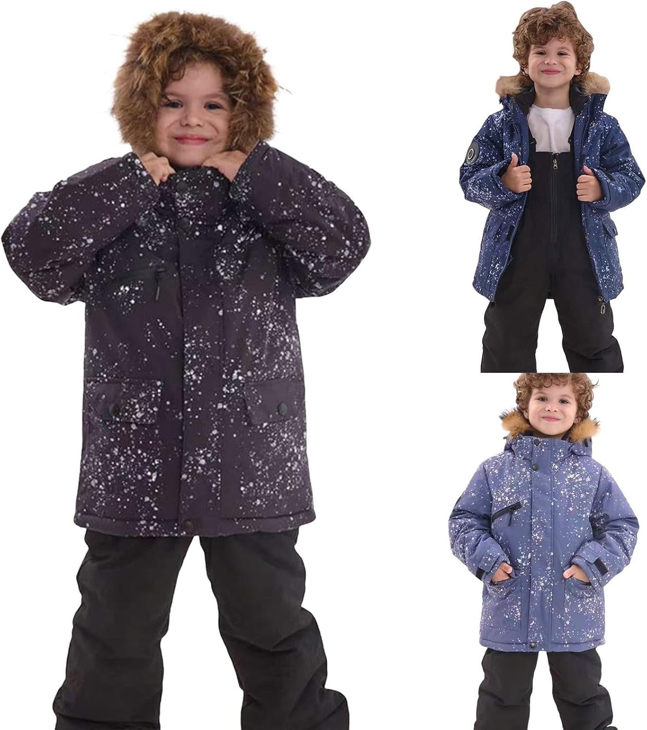 Boys Girl 2 Piece Snowsuit Kids Waterproof Hooded Fleece Lined Jacket and Snow Bibs Pants Winter Insulated Ski Suit Windproof