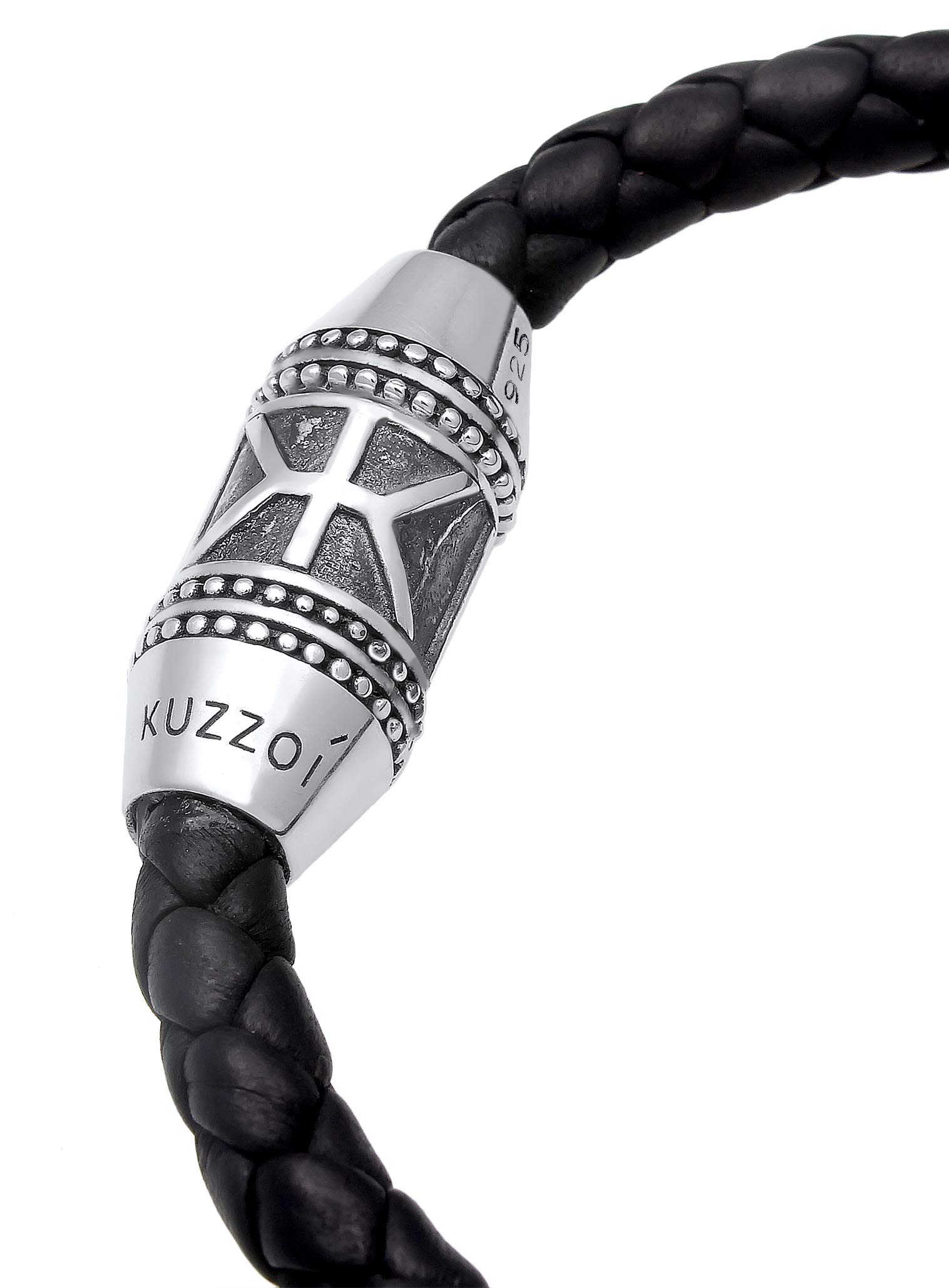 Kuzzoi Bracelet en cuir tressé noir « Bouddha » pour homme avec fermoir magnétique en argent sterling 925, largeur 29 mm, longueur 19-23 cm, 0201561119