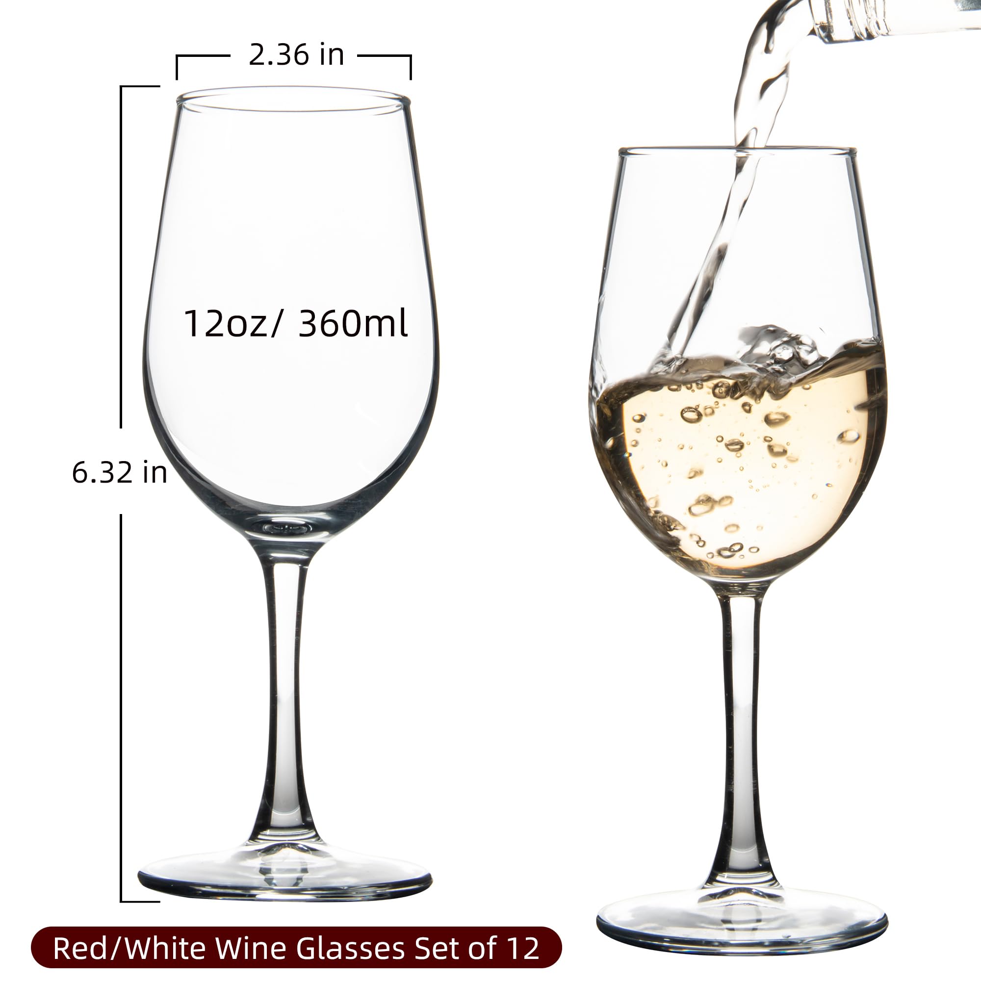 Juego de 12 copas de vino rojo y blanco de 12 onzas, copas de vino de tallo transparente para degustación de vino, bodas, cumpleaños y hogar