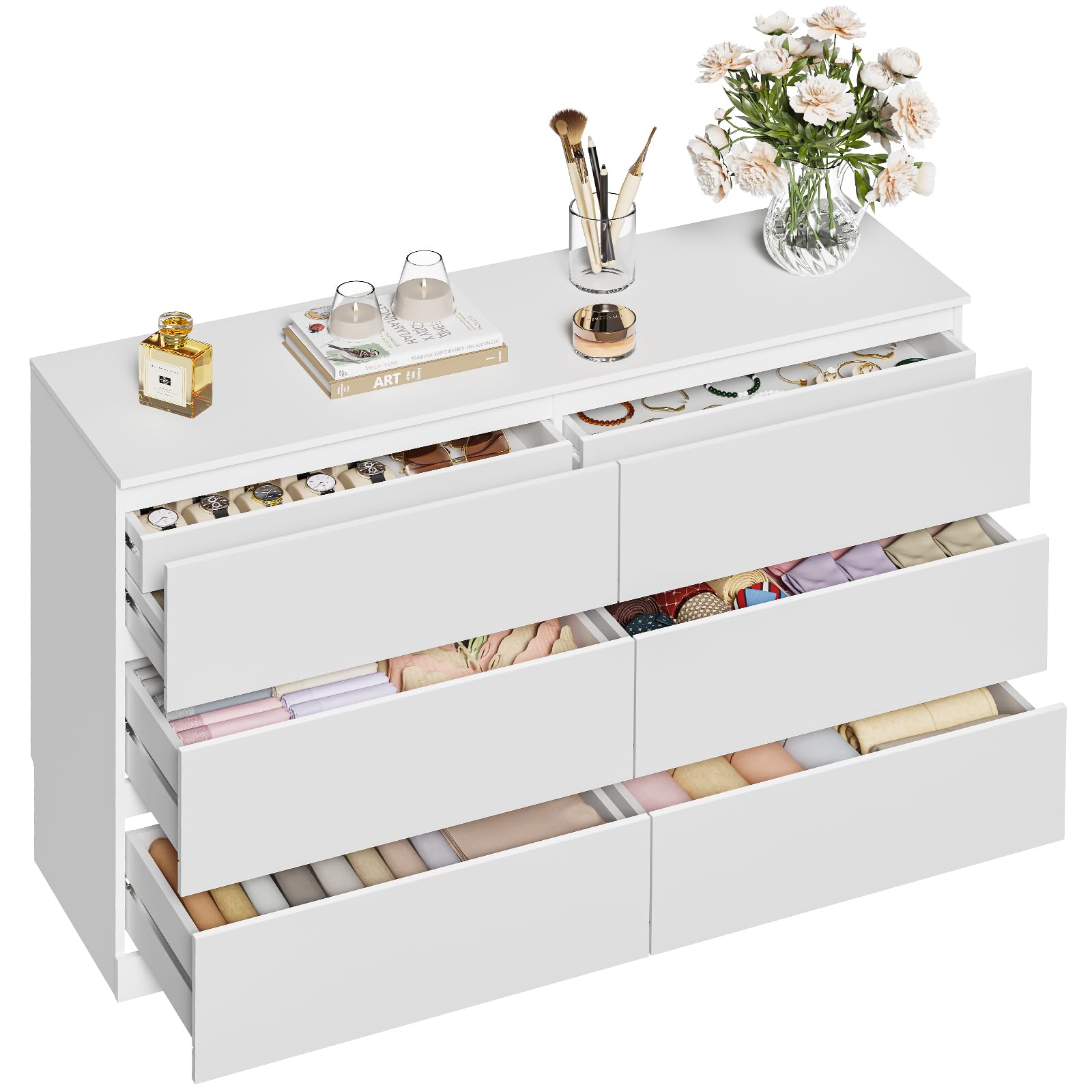 Asgolion Kommode mit 8 Schubladen, 120 x 36 x 75 cm, Moderne Kommode mit versteckter Schublade, Kommode mit Großer Kapazität, Holzkommode für Wohnzimmer, Schlafzimmer oder Flur, weiß, EU25DS126W