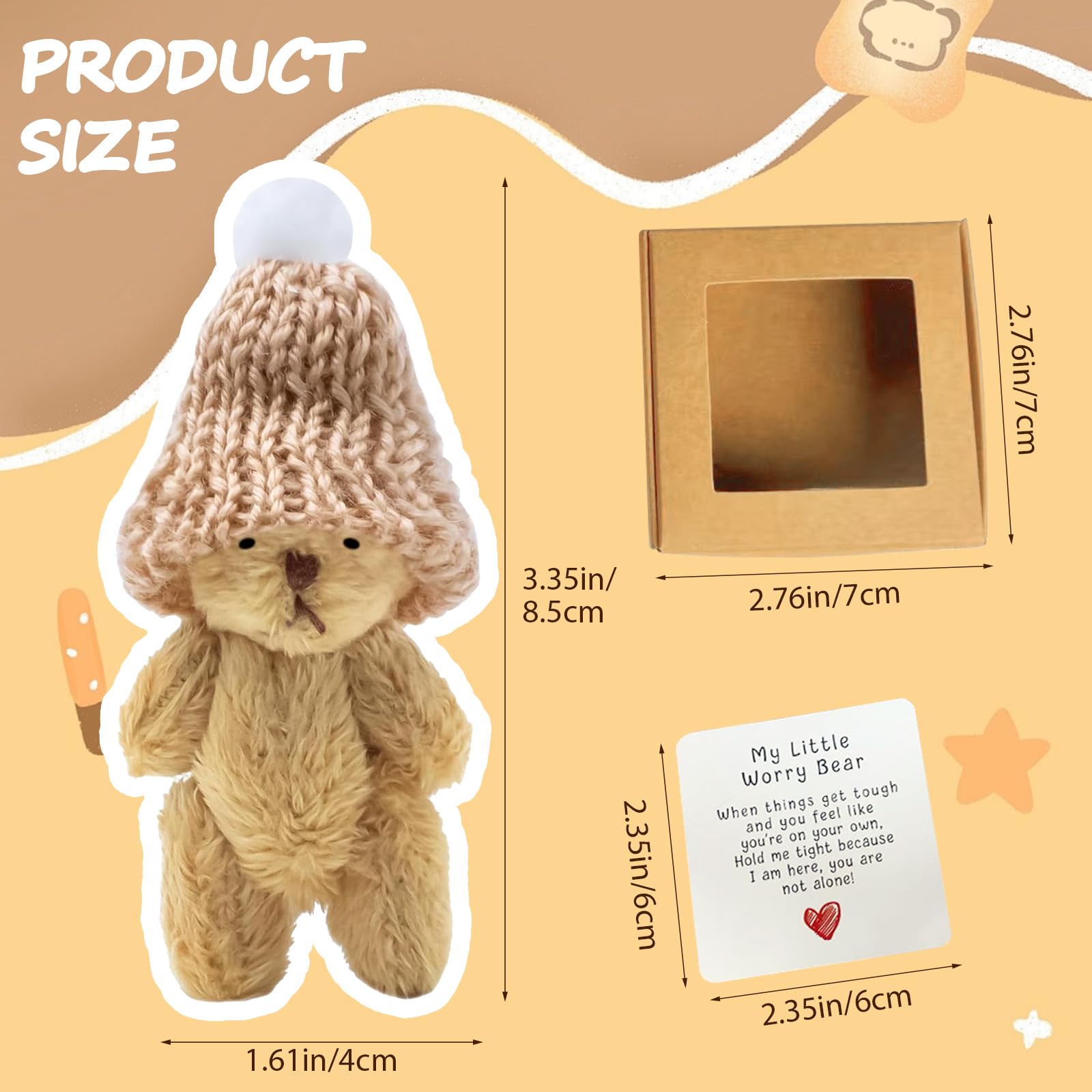 A Handmade Bear Wearing a hat, with an Encouraging Card Included in the Packaging. This Pocket-Sized Handmade Bear Brings Comfort to Adults—It's the for Loved Ones, Family, and Friends.