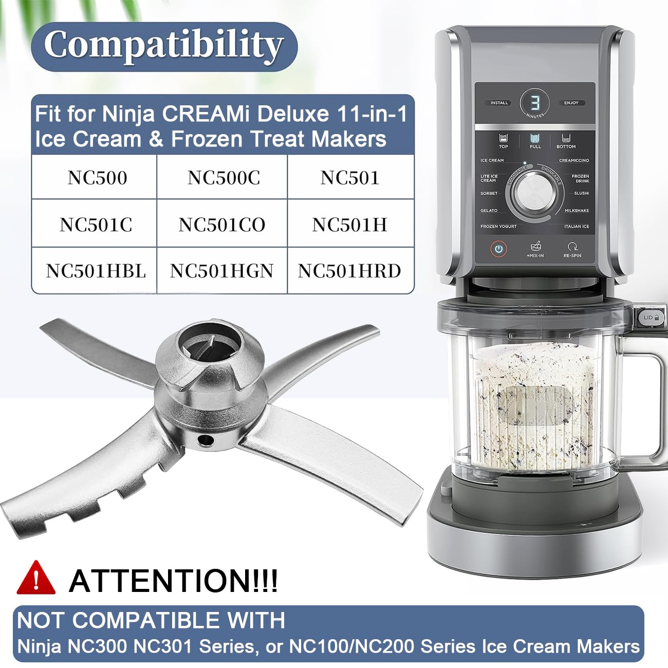 Hoja de Paleta de Repuesto Compatible con Ninja CREAMi Deluxe Heladera multifunción NC501EU NC502EU NC500 NC501H Series, Cuchillas de Repuesto Accesorios para Ninja Creamy Deluxe, Acero Inoxidable