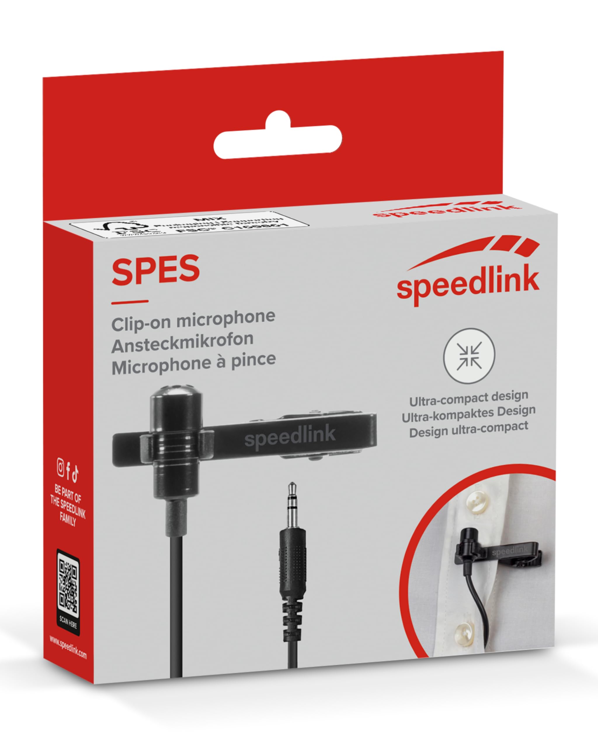 Speedlink SPES clip-on microphone with cable jack 3.5mm - Lavalier microphone with jack plug, clip-on microphone, detachable metal clip, noise cancellation, black