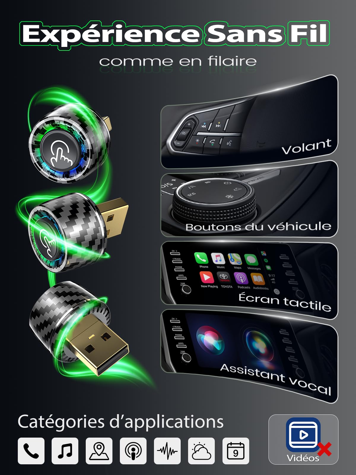 Adaptateur CarPlay Sans Fil, Changement 2 Smartphones par Bouton, Android Auto Sans Fil pour GPS Portable Voiture, Ultra Mini, Connexion Stable, Compatible avec iPhone (iOS 10+) & Android 10+, Caché