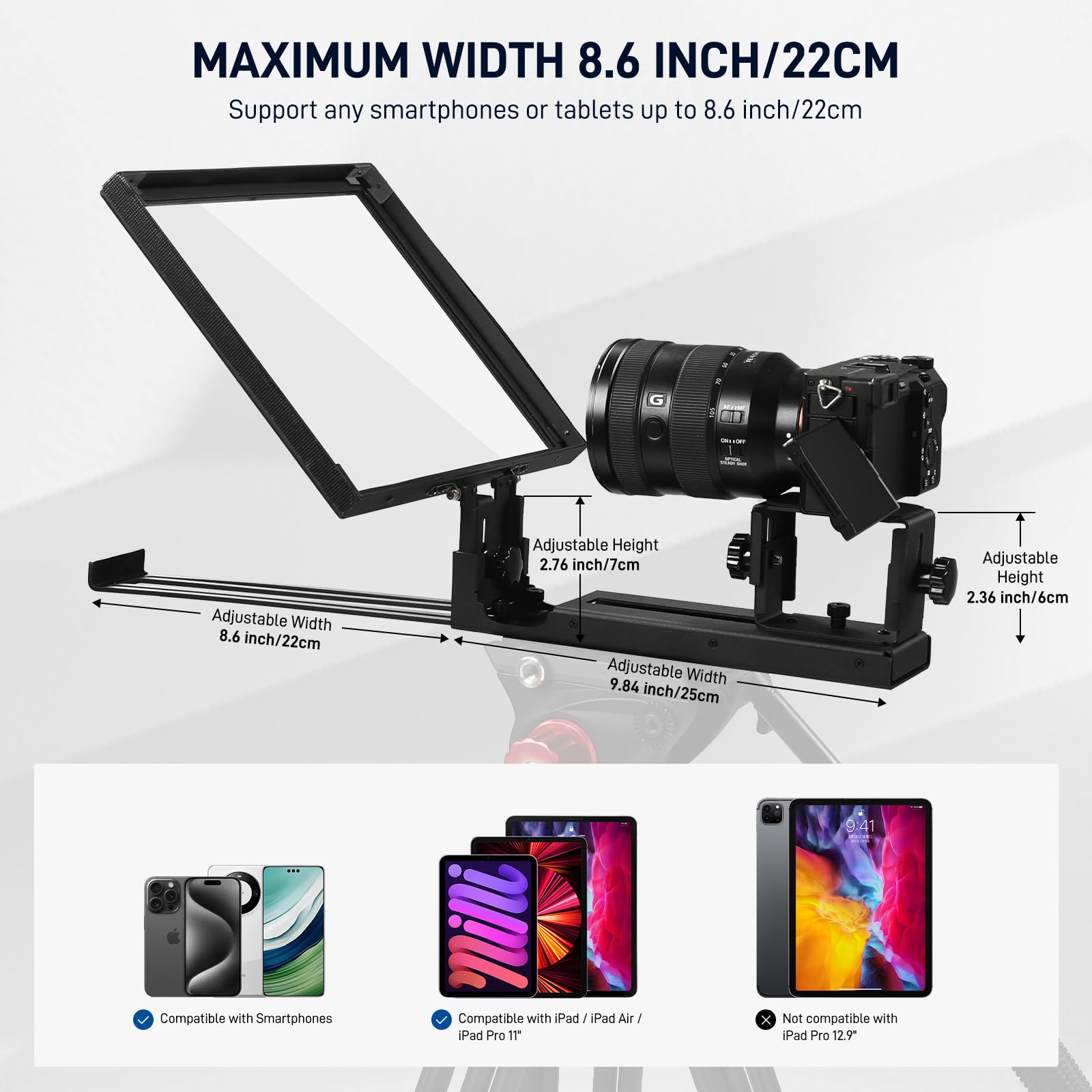 GVM Téléprompteur 12" avec télécommande et Application, téléprompteur Pliable pour Tablette, téléphone, Appareil Photo Reflex numérique, prompteur avec Sac de Transport, écran HD réfléchissant, pour