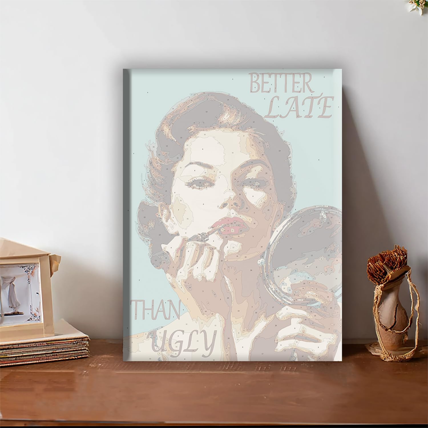 Aeontinity Better Late Than Ugly Slang Framed Canvas DIY Paint by Numbers Kit Bar Cafe Cave Home Room Wall Bathroom Porch Patio Decor Gift, 16 x 12 Inch