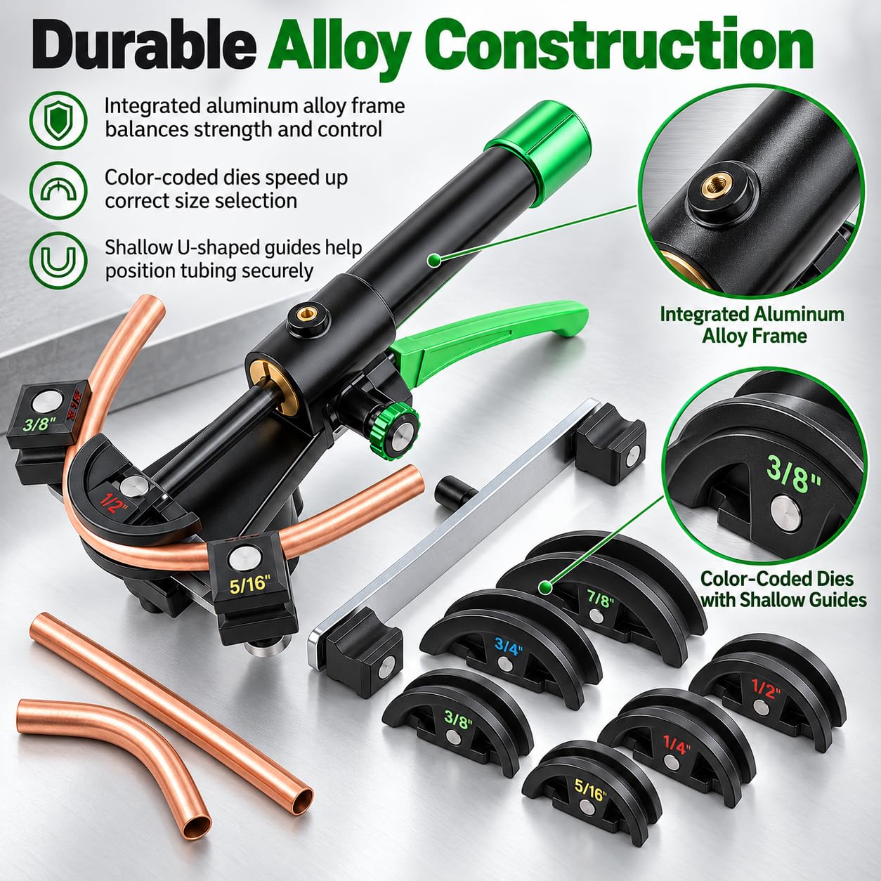 Kit piegatubi idraulici, diametro esterno 1/4–7/8, 7 matrici codificate