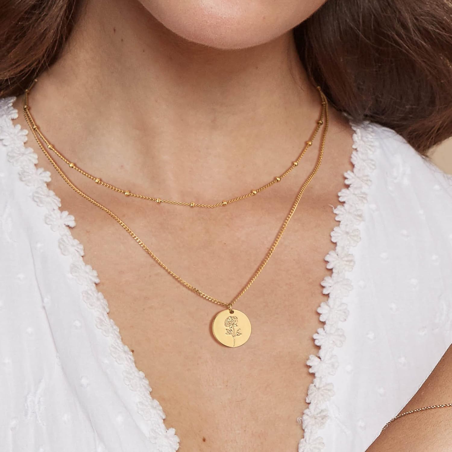WEARON Birth Flower Necklace 18K Gold Plated Dainty Birth Month Flower Layered Pendant Necklace Bead Choker Necklace for Women - Image 2