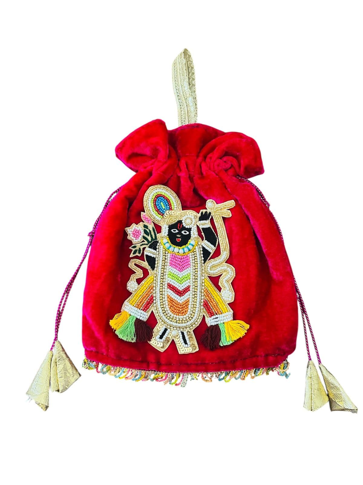 Potli Bag for Women Ethnic Velvet Brocade Pouch Shreenathji Design Purse Traditional Gift Bags Ladies Batwa Handmade Clutch Handbag in Pink Colour-image-18