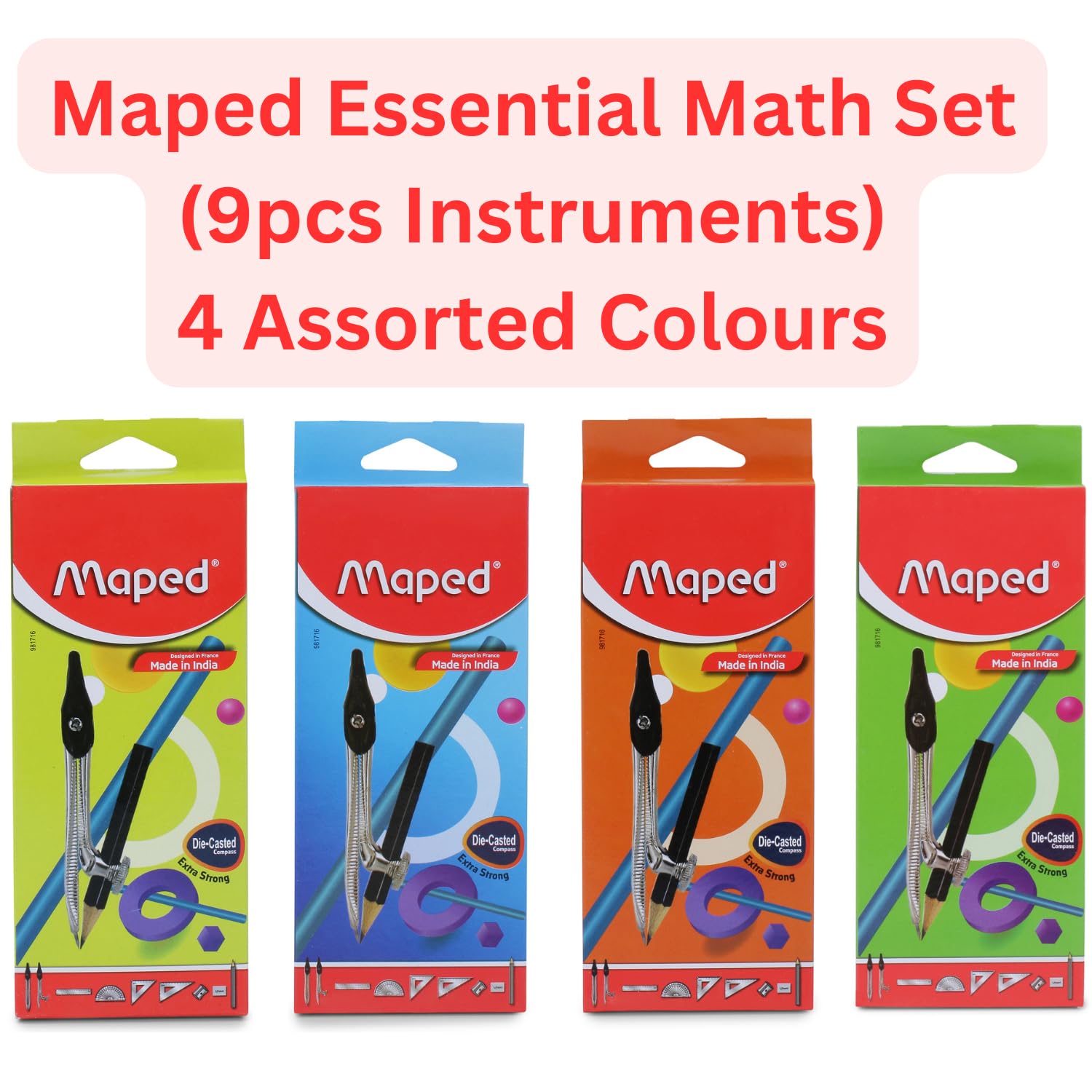 Maped Kit de papelería escolar, 20 piezas, caja geométrica de alta calidad, juego de 9 piezas con 10 lápices oscuros, kit esencial de papelería escolar, productos de alta calidad con experiencia de