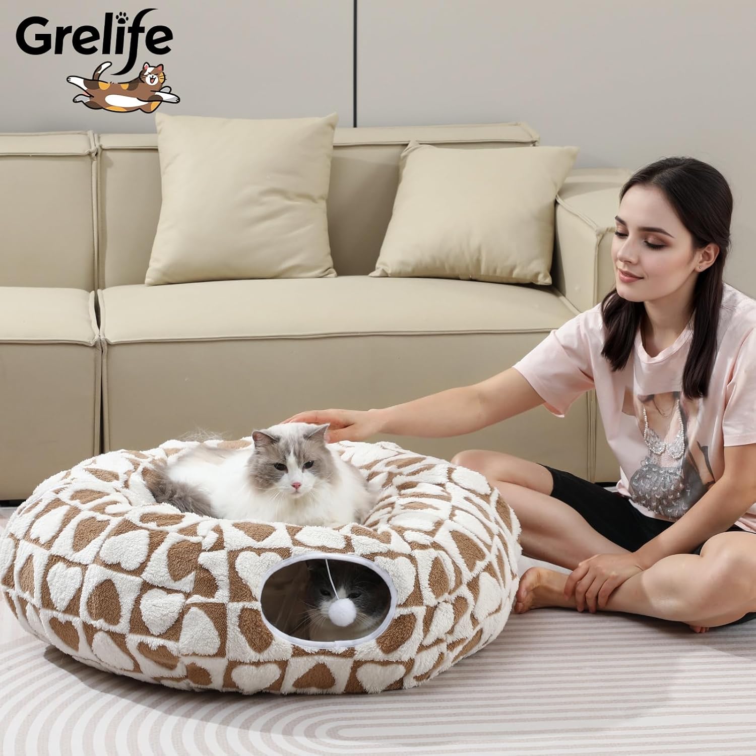 Grelife Cat Tunnel Bed for Indoor Cats, 2-in-1 Play Tunnel & Cozy Bed, with Washable Premium Shu Velveteen, Non-Slip Base, Removable Cushion, Perfect for Cats, Kittens, Small Pets (Gray, 37.5)