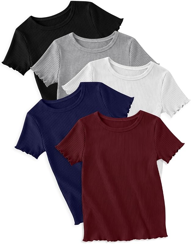 5 Pack Girls Ribbed Short Sleeve Shirts | Crew Neck, Lettuce Trim, Cute, Plain, Soft, Stretchy, Basic, Casual, Summer, Tween, Back to School, Daily Wear, Layering