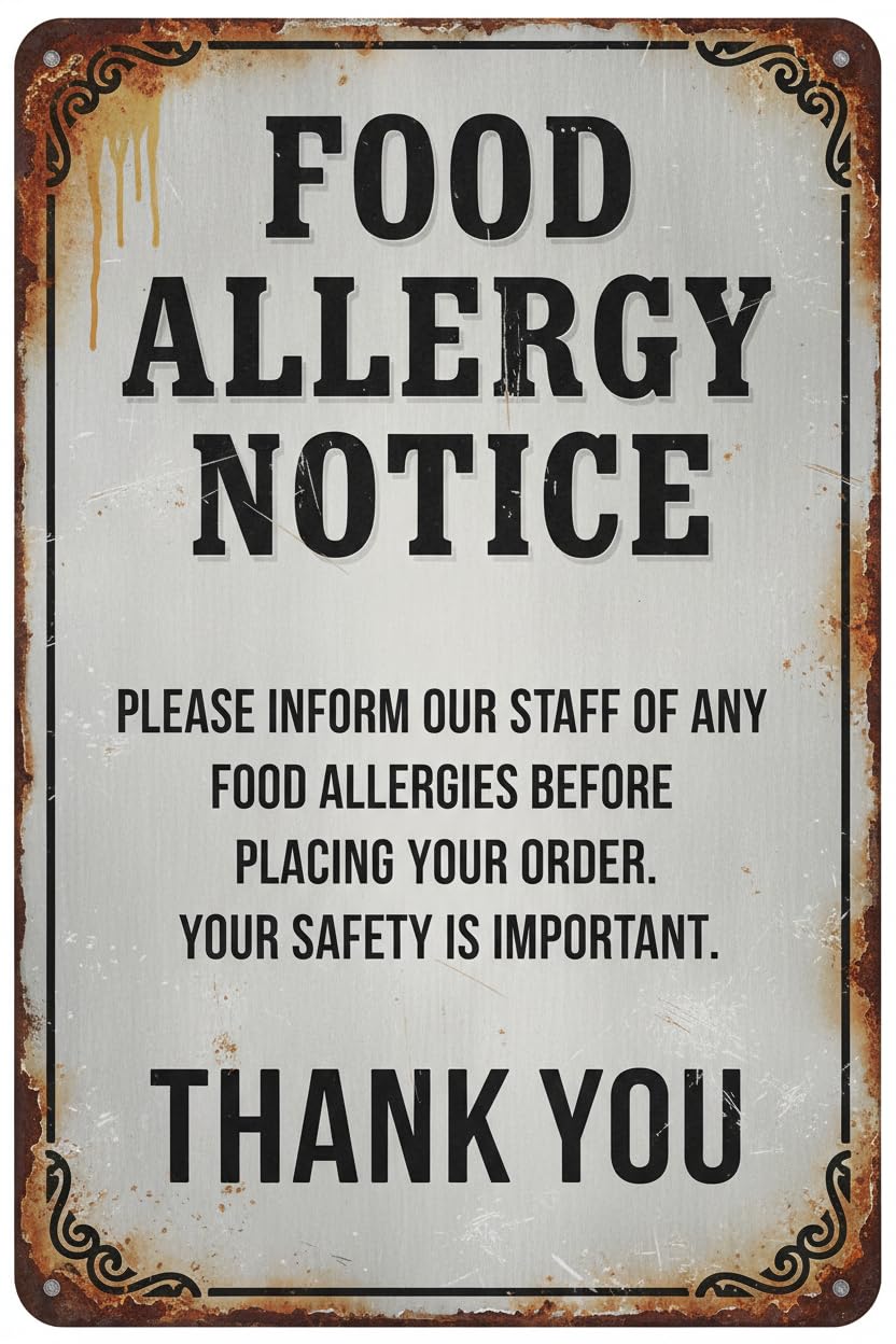 Wall Decor Food Allergy Sign Food Allergy Notice Metal Tin Sign If You Have A Food Allerdy Or Special Dietary Requirement Tin Plaque 8x12 Inches Vintage Signs Aluminum Plates Printed