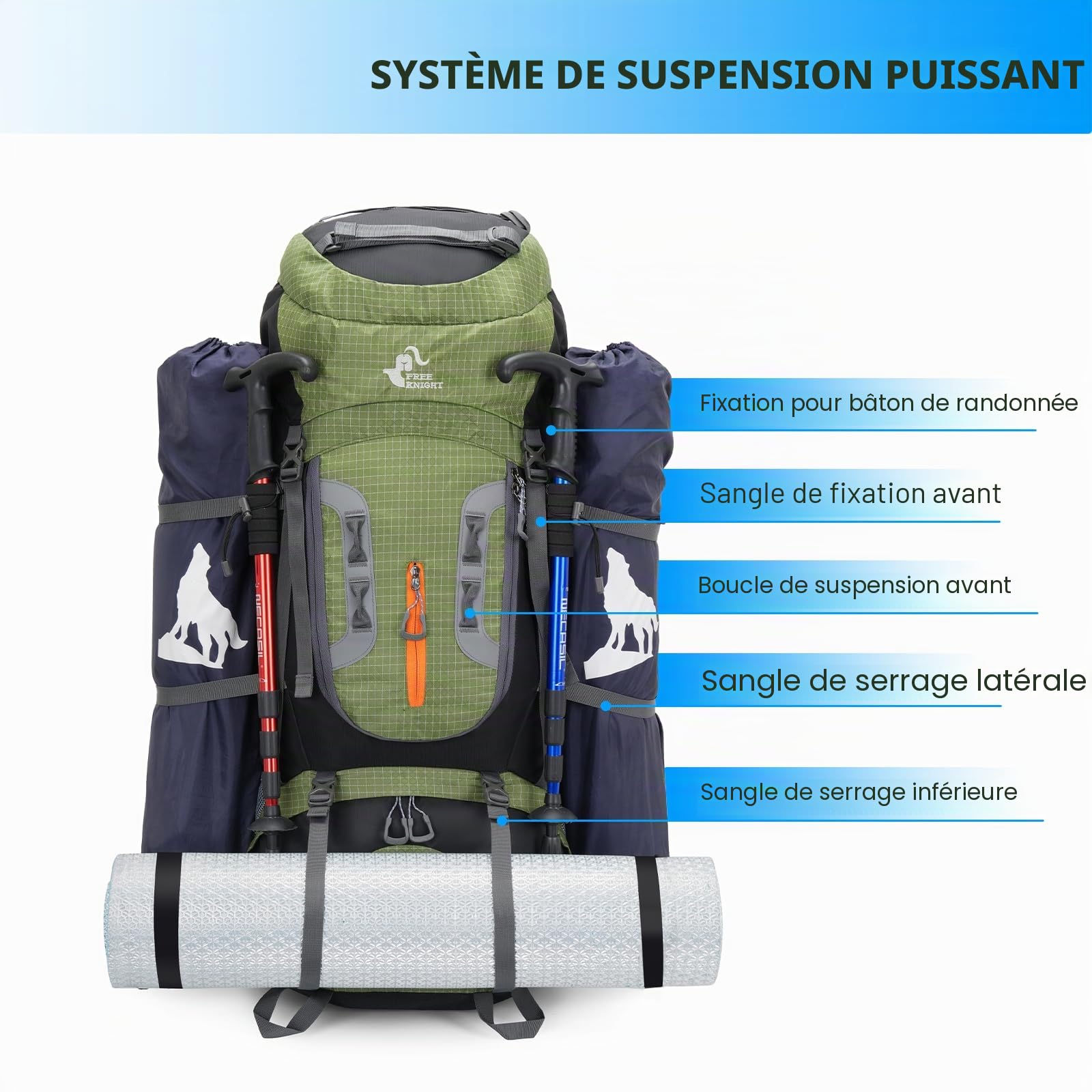 Bseash Sac à dos de randonnée imperméable 80 l avec housse de pluie, sac à dos léger pour sports de plein air, voyage, escalade, randonnée (vert militaire)