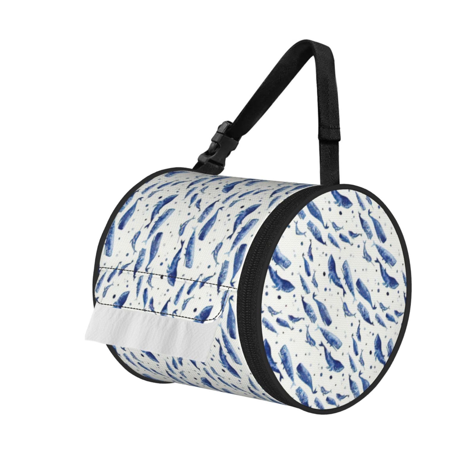 Small Blue Whale Swimming Print Round Tissue Dispenser Bag With Carry Strap, Portable Roll Holder For Car Travel Home