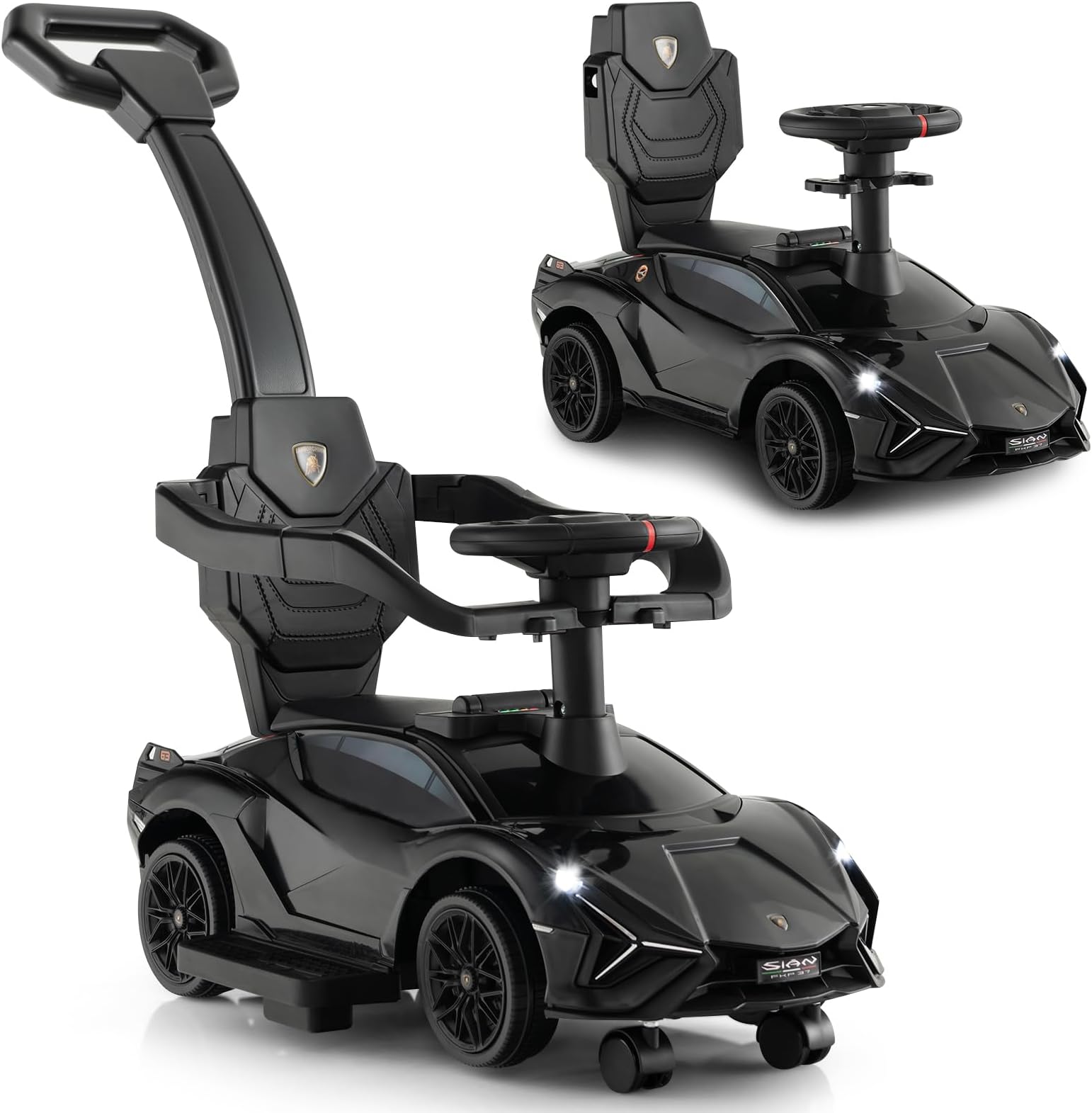 INFANS 3 in 1 Ride on Push Car, Licensed Lamborghini Baby Stroller Sliding Walking Car with Push Handle, Music, USB, Headlight, Under Seat Storage, Kids Foot-to-Floor Toy for 18-60 Months (Black)