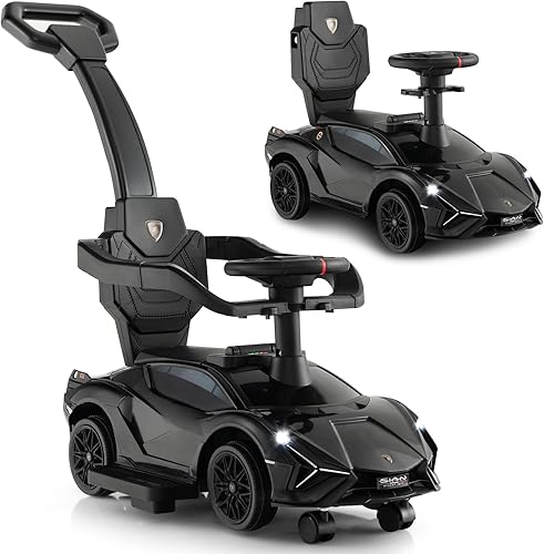 INFANS 3 en 1 Coche de Paseo para Empujar, Silla de Paseo Licenciada Lamborghini para Bebés con Coche de Paseo Deslizante, Bocina, Música, USB,