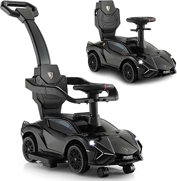 INFANS 3 in 1 Ride on Push Car, Licensed Lamborghini Baby Stroller Sliding Walking Car with Push Handle, Music, USB, Headlight, Under Seat Storage, Kids Foot-to-Floor Toy for 18-60 Months Black
