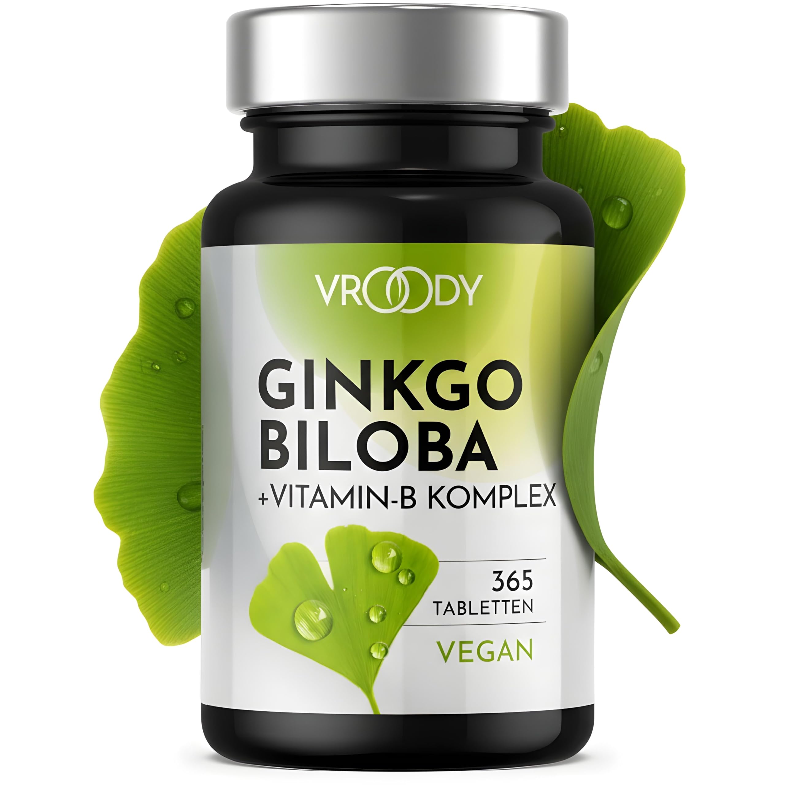 VROODY Ginkgo Biloba Extrakt hochdosiert - mit Vitamin B12 trägt zur Verringerung von Müdigkeit und Ermüdung bei - 365 kleine Tabletten die leicht einzunehmen sind