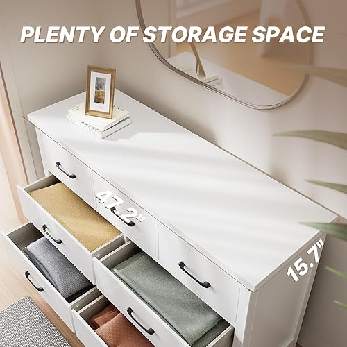 Miniatura 4 de LYNSOM Cómoda blanca para dormitorio, cómoda de 7 cajones con asas de metal, cómoda de madera moderna para sala de estar, entrada y pasillo