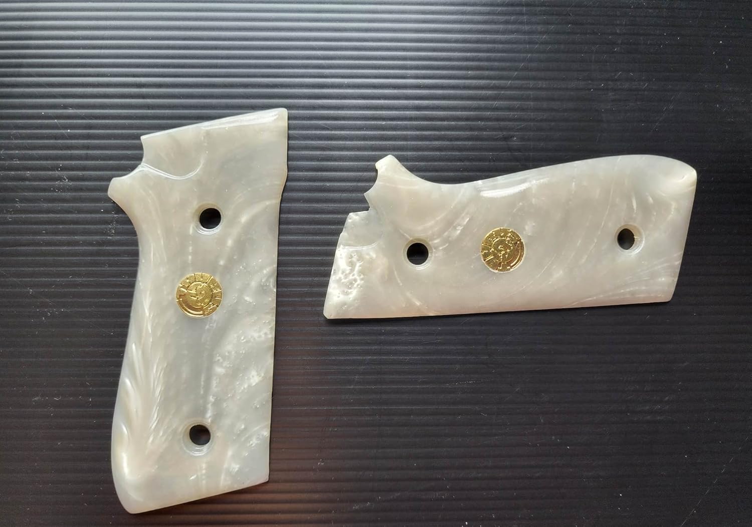 BMPL New Grips Compatible with Taurus Pt-92, Pt-99, Pt100, Pt101 Decocker, Smooth White Pearl Resin Polyester,Gold Medallion, Thai Handmade