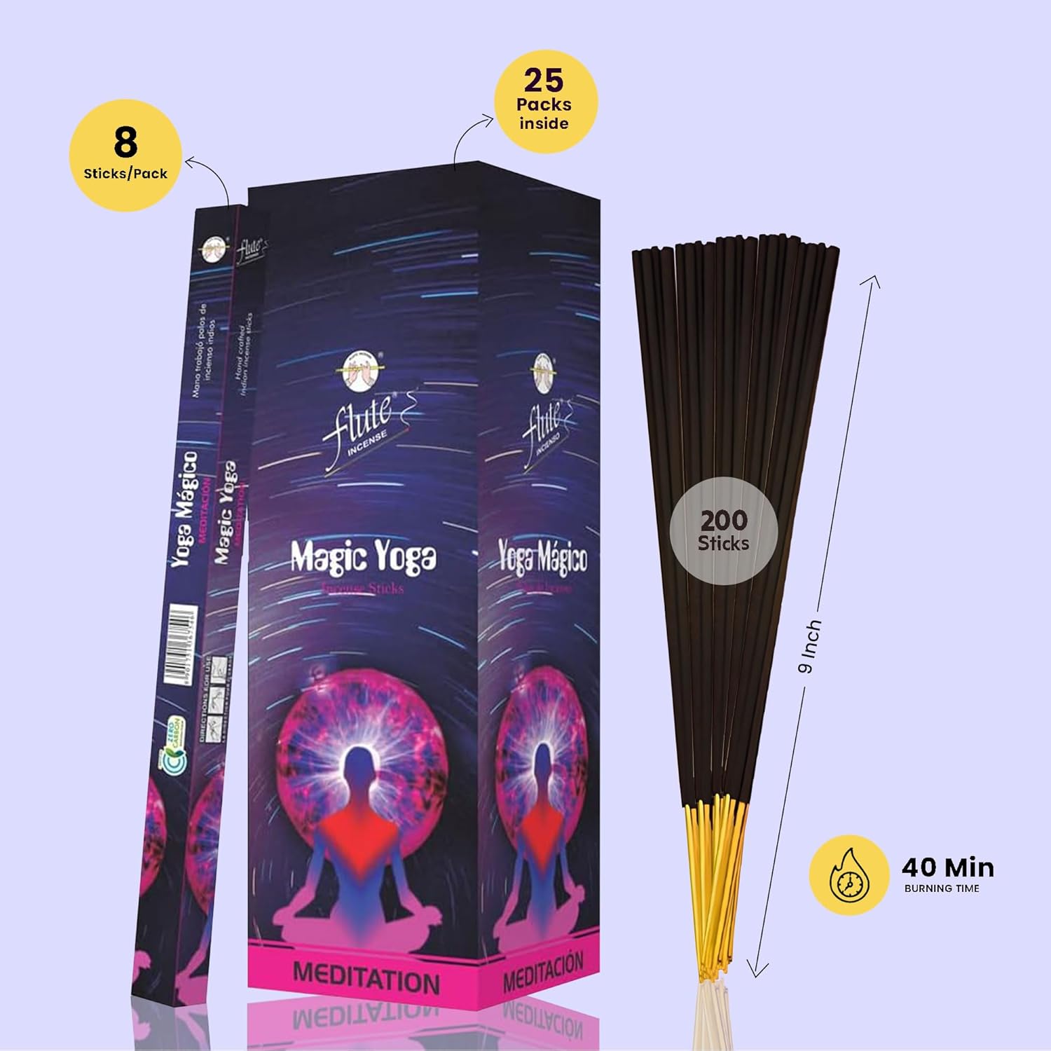 Flute Magic Yoga Incense Sticks – Calm Aroma for Yoga, Meditation & Deep Relaxation–8 Sticks/Pack, 25 Packs/Box (9 Inch, 200 Sticks) | 40 Minutes Burn Time