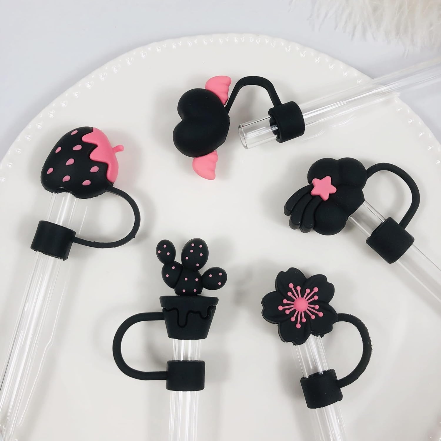 3D Straw Toppers, Soft Silicone Straw Covers, Fit 0.4in/10mm Straws, Compatible with Stanley Cup 30&40 Oz, Reusable Dust-Proof Accessories, Strawberry Heart Flower Christmas (Black Series) - Image 4