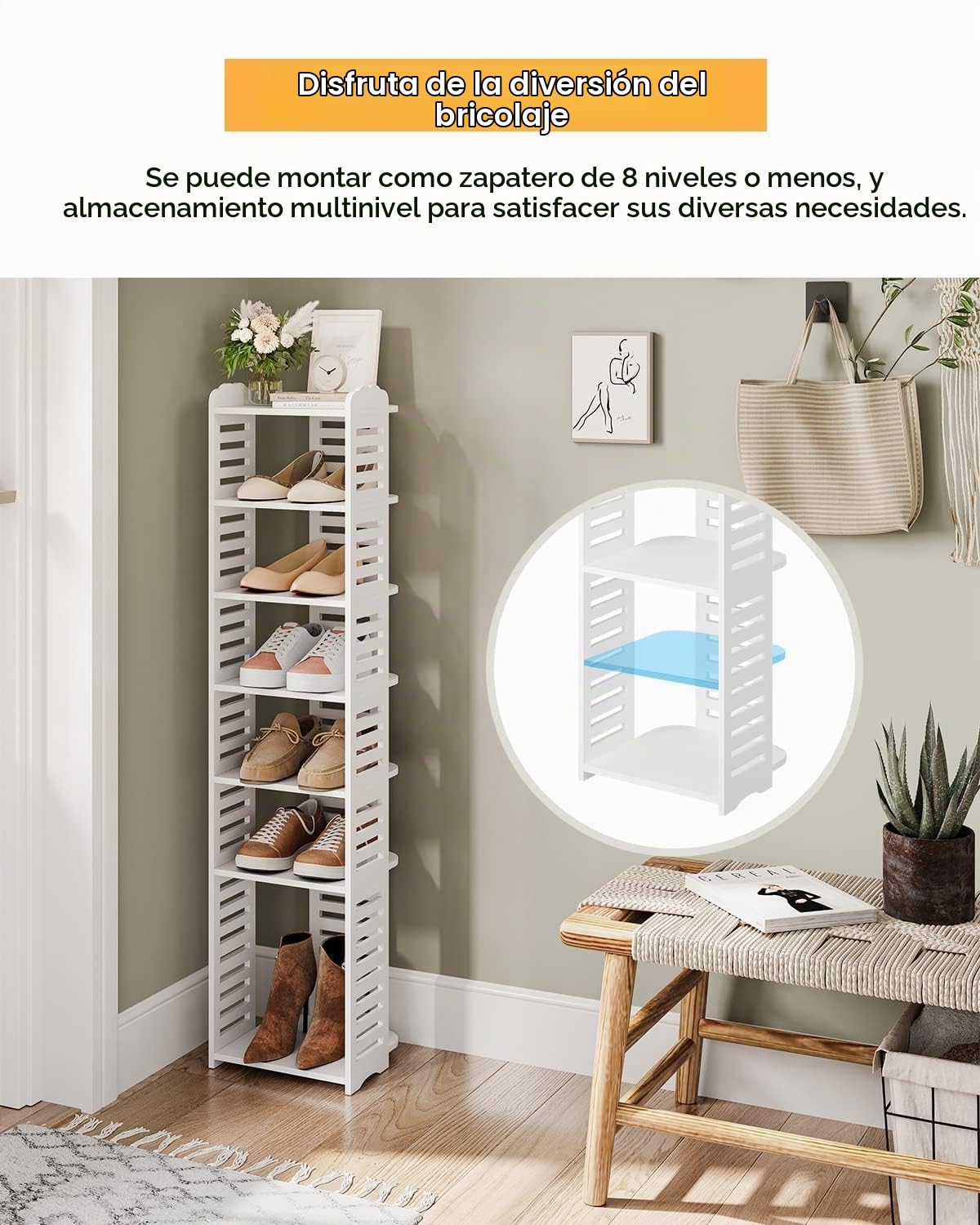 Dripex Zapatero Estrecho Blanco, Montaje Sin Herramientas, Mueble Zapatero para Entrada Recibidor Pasillo, 8 Niveles, 26 x 25 x 111cm