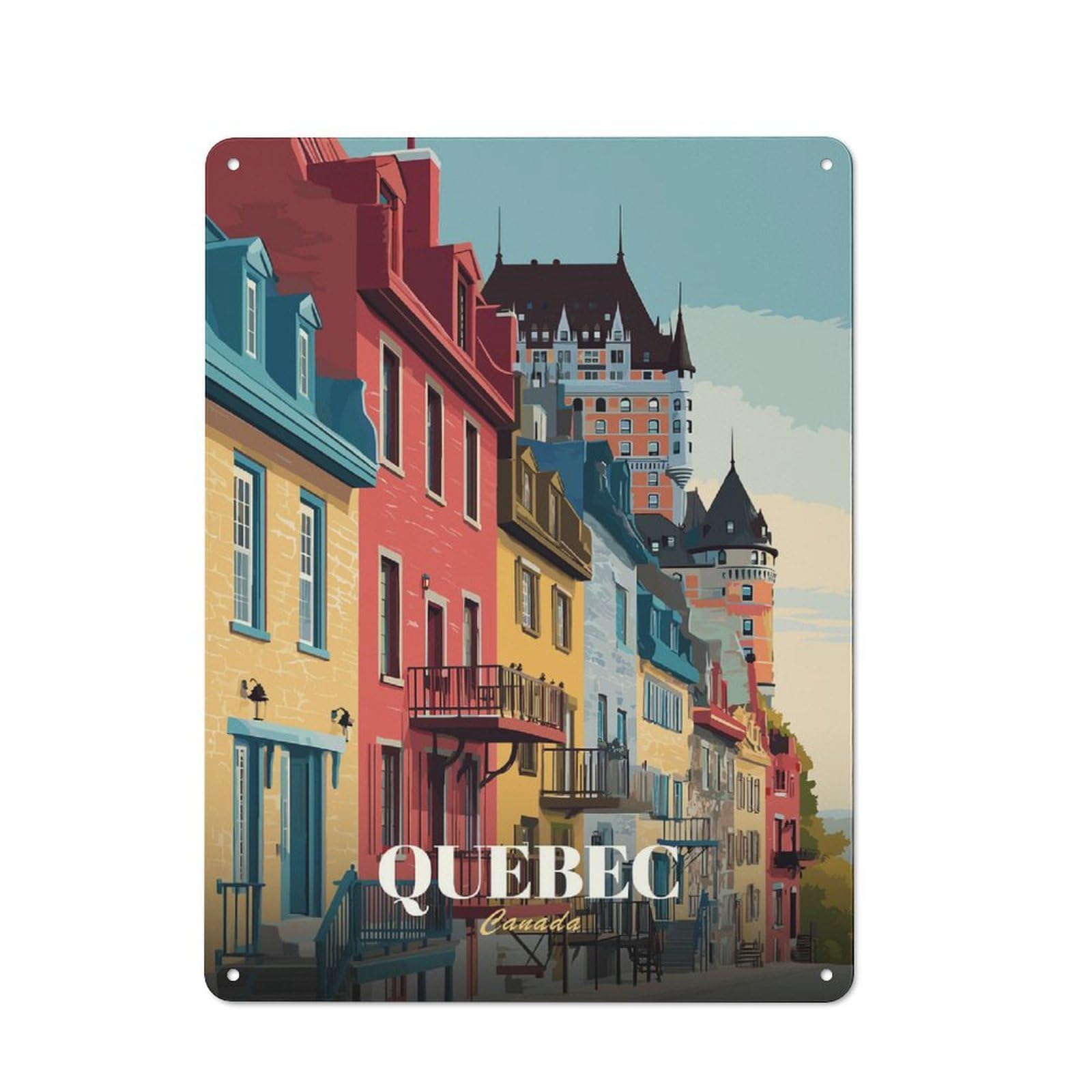 Junmoney Style-1 Tin Wall Plaque 40X30cm With Quebec Cityscape Illustration For Hallway Wall, Suited To Hallway Decor Lovers, For Retro Home Interiors