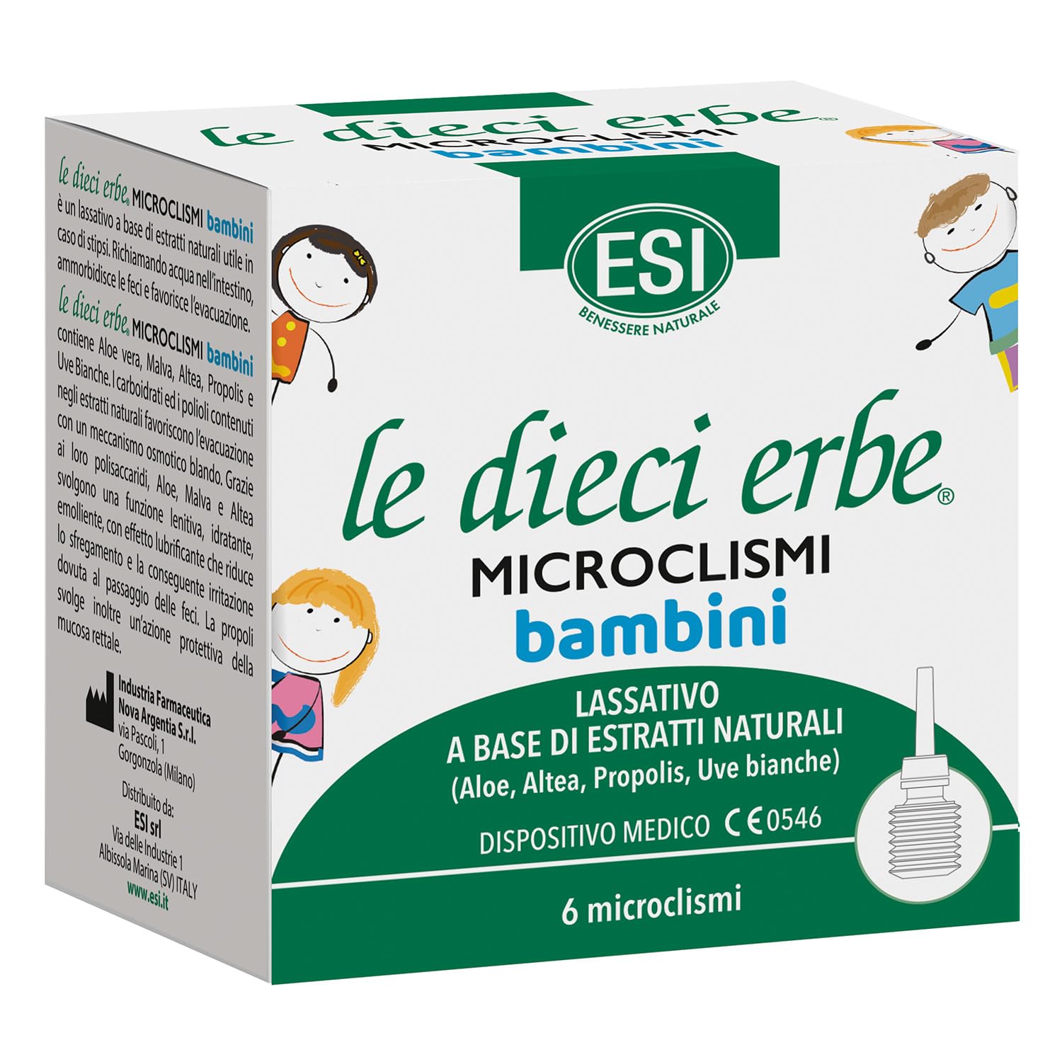 ESI - Le Dieci Erbe Microclismi Bambini, con Aloe Vera, Malva e Propoli, per la Regolarità del Transito Intestinale, Protegge e Dona Sollievo da Irritazione e Stipsi, 6x5 ml