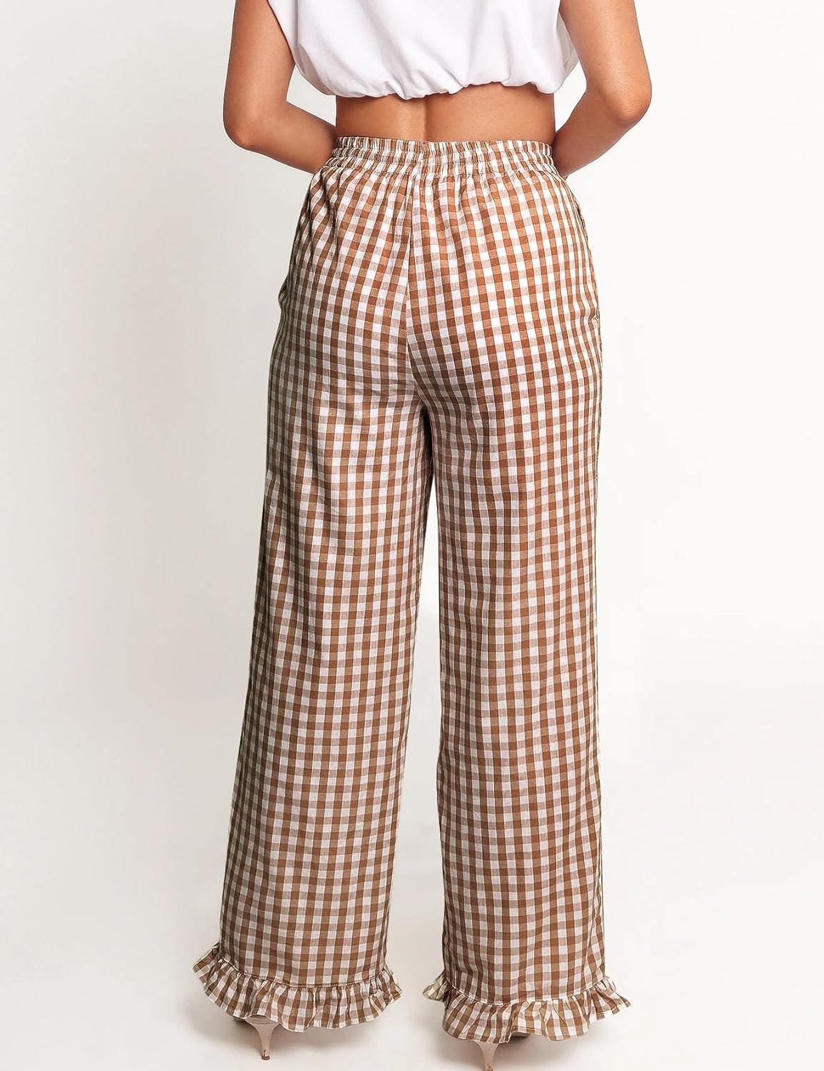 COZYPOIN Women's Gingham Pants Cotton Plaid Ruffle Hem Lounge Boxer Pant Y2K Pj Bottoms Casual Wide Leg Trousers with Pockets - Image 2