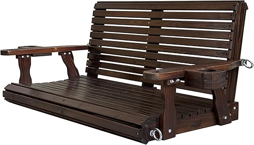 Miniatura 9 de Columpio de madera para porche de 2 plazas, respaldo alto y asiento profundo, columpio de banco con portavasos, cadenas colgantes y resortes de