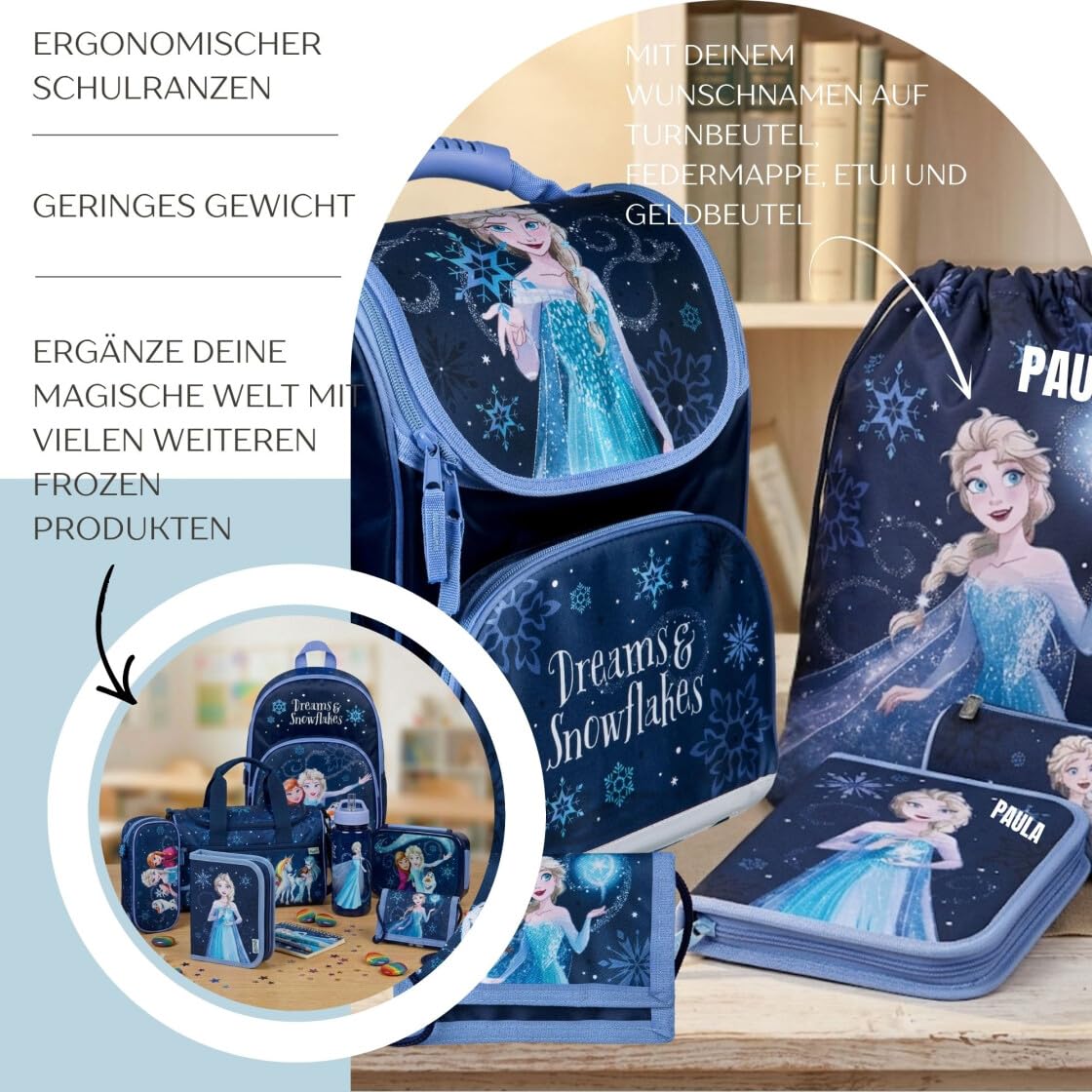 Undercover Juego de mochila escolar de 1ª clase, contenido personalizado con nombre, mochila escolar para niños y niñas, Frozen (Navy Dark Blue), 5-teilig, Juego de mochila escolar