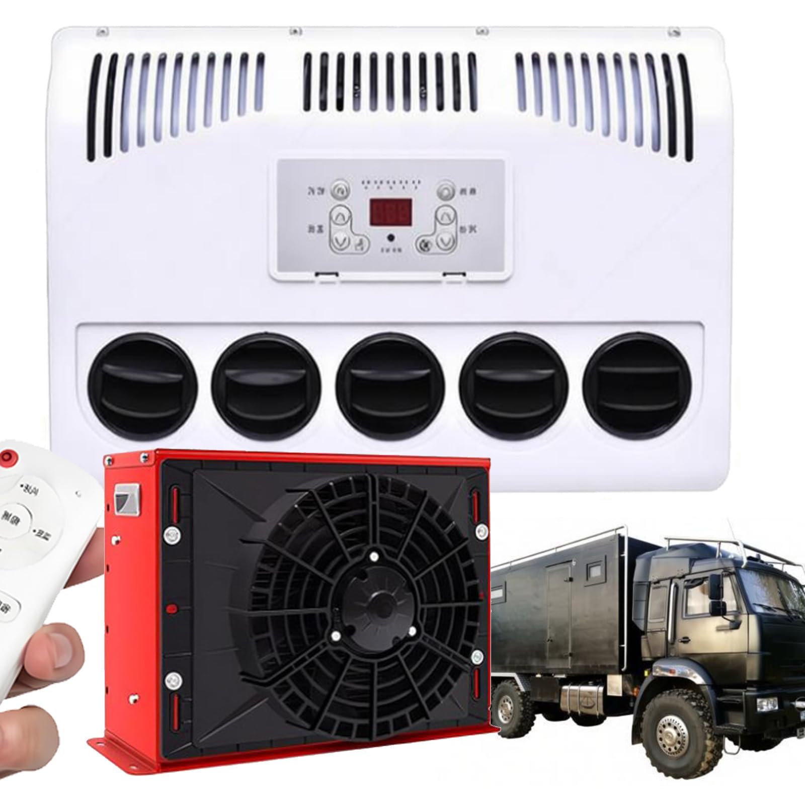 Quixnova Split Air Conditioner Cooling Rapidly - 12V/24V Electric AC Unit Truck Cab Air Conditioner for Semi-Trailer Trucks, Buses, Rvs, Caravans, Excavators, Remote Control Red-12V