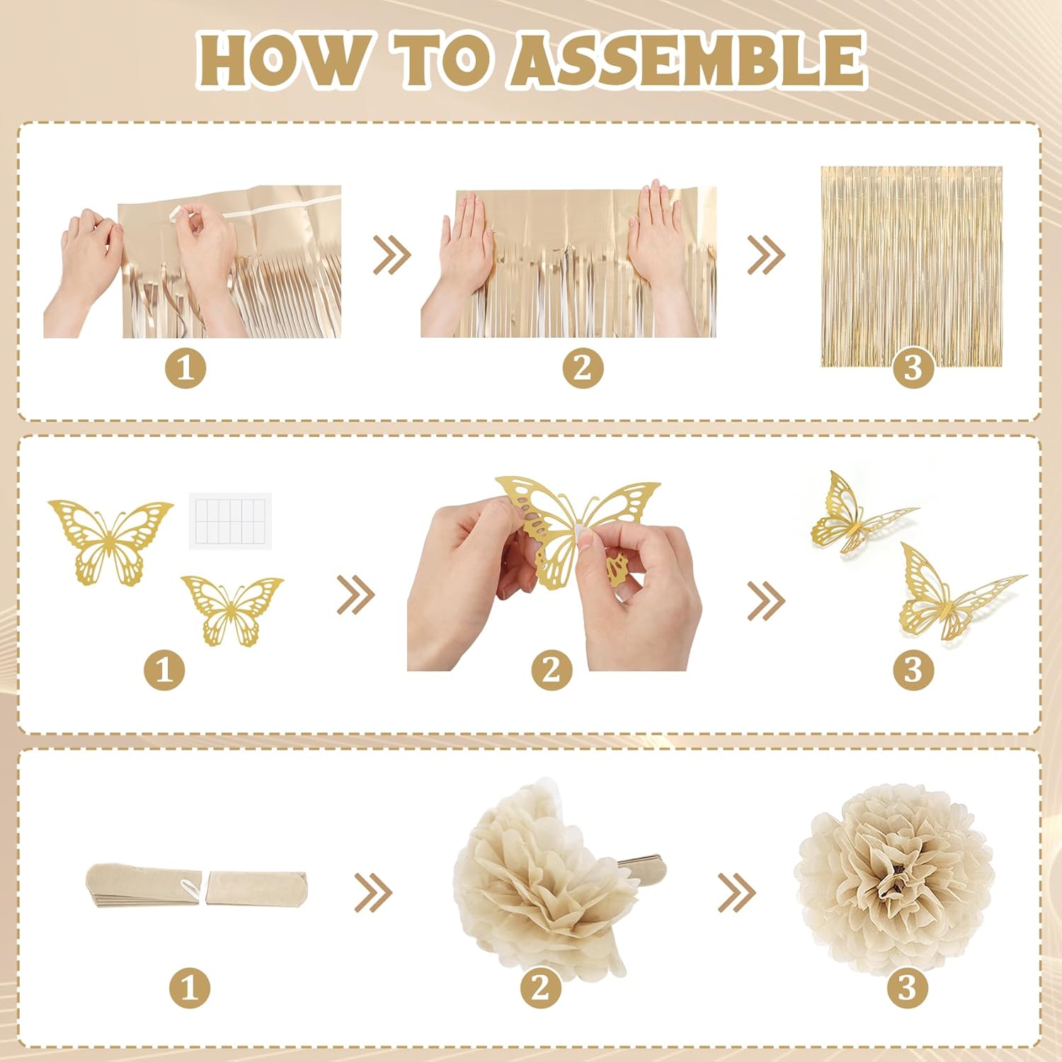 White and Gold Birthday Decorations for Women Girls, Gold White Sand Confetti Metallic Printed Balloon Butterfly Sticker Fringe Curtain Happy Birthday Banner Heart Garland Paper Pompom Party Supplies - Image 4