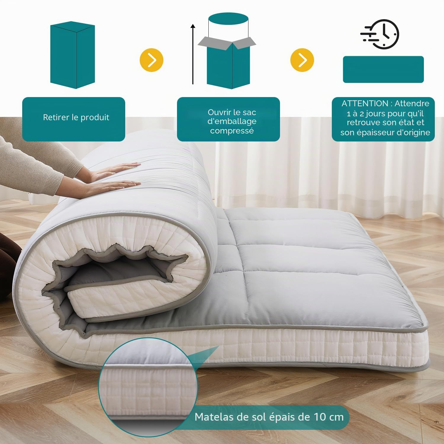SUNYRISY Matelas futon japonais - Matelas de sol épais et pliable - Surmatelas enroulable - Tatami - Pour chaise longue de sol, lit d'invités pour camping, canapé, voiture - Gris - 1 place