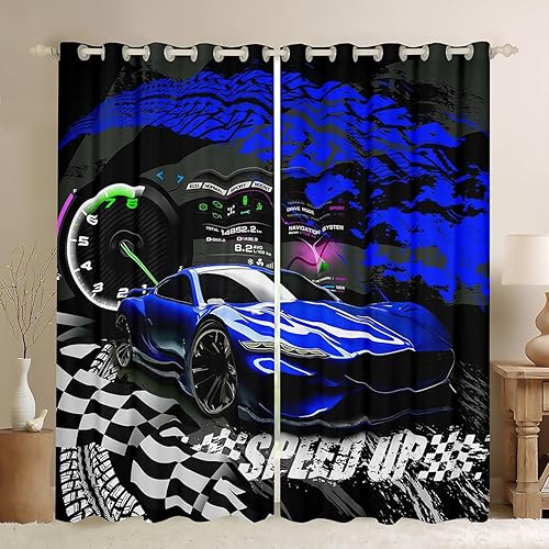 Feelyou Cortinas opacas azules de coche de carreras, cortinas opacas para niños y niñas, cortinas de ventana de auto de carreras, tratamiento de