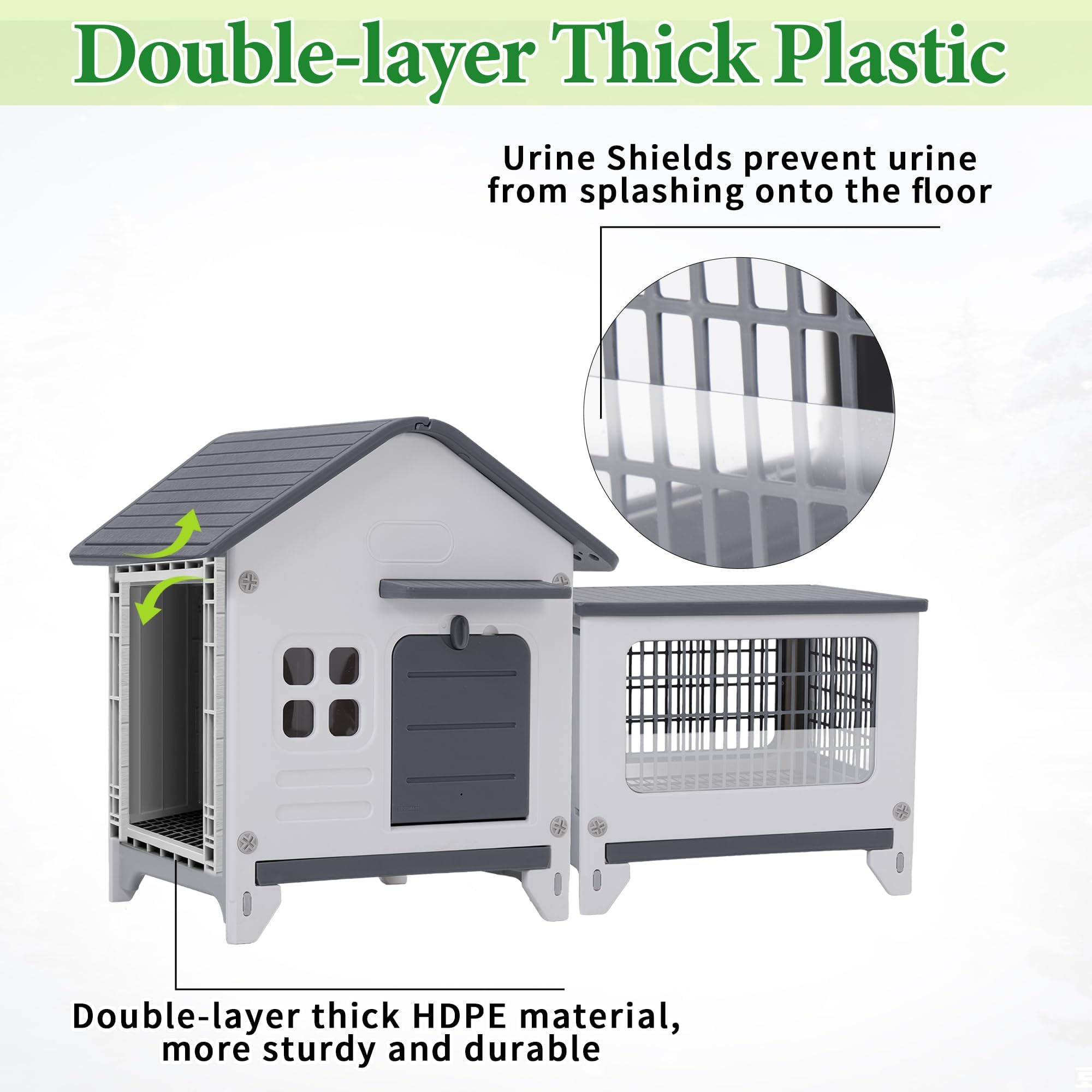 Clapier à lapin en plastique avec enclos à roues, toit pliant, plateau extensible, grille métallique, résistant à l'hiver, pour l'intérieur et l'extérieur