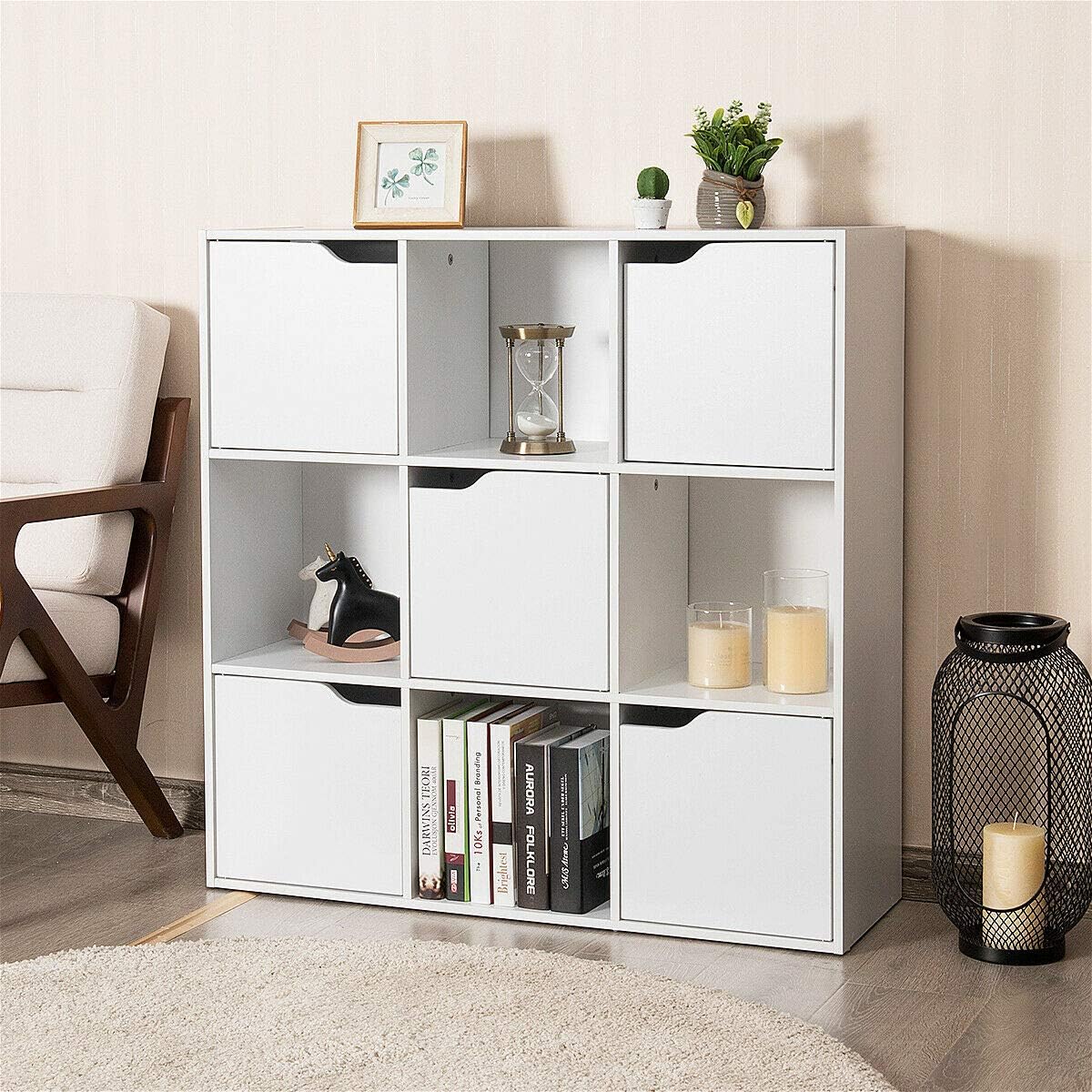 DORTALA 9-Cube Storage Organizer Cabinet w/Doors, Compartment Display Unit w/ 4 Open Cubes & 5 Cabinets for Home Office, 3-Tier Bookshelf for Books, Toys & Decorations, 9 Cubes
