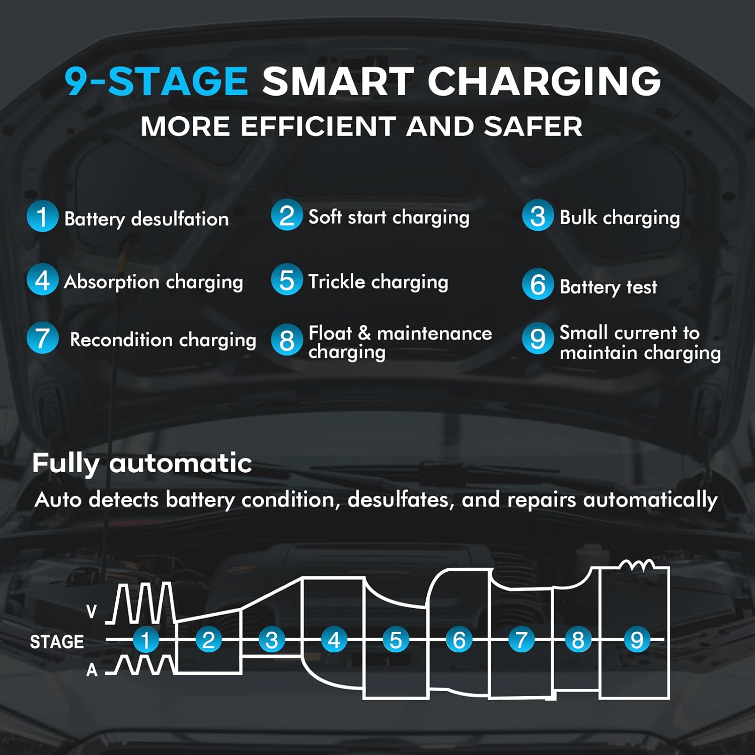 45 Amp Battery Charger, 6V/12V/24V Lithium LiFePO4 Lead Acid Smart Car Battery Charger, Automotive Maintainer Trickle Charger for Car, SUV, Motorcycle, Boat, Lawn Mower