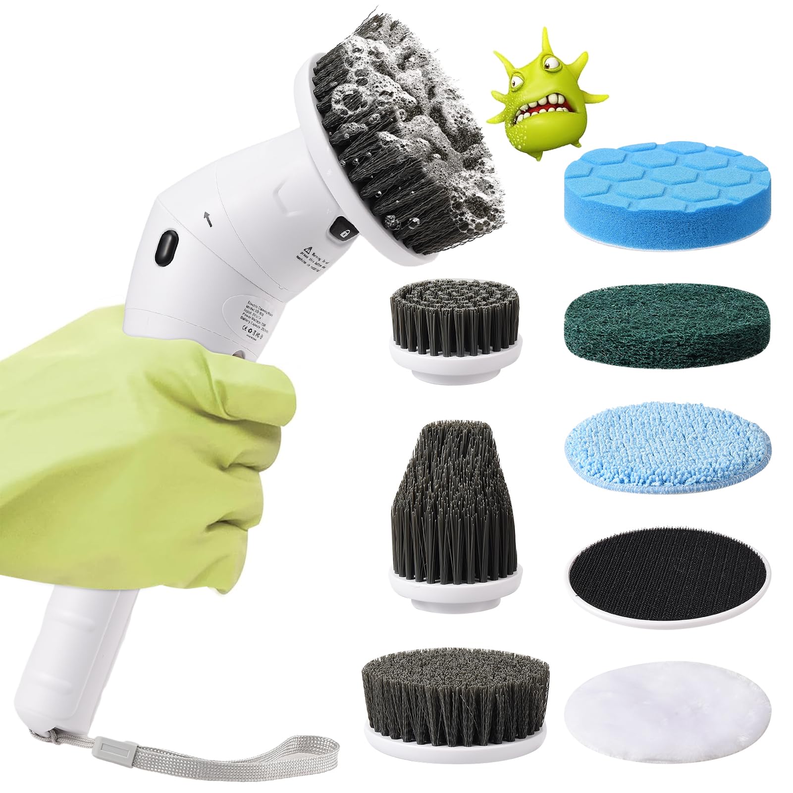 Brosse électrique rotative sans fil pour baignoire avec 8 têtes de brosse remplaçables, brosse de nettoyage électrique avec poignée d'extension réglable pour salle de bain, sol, carrelage, baignoire