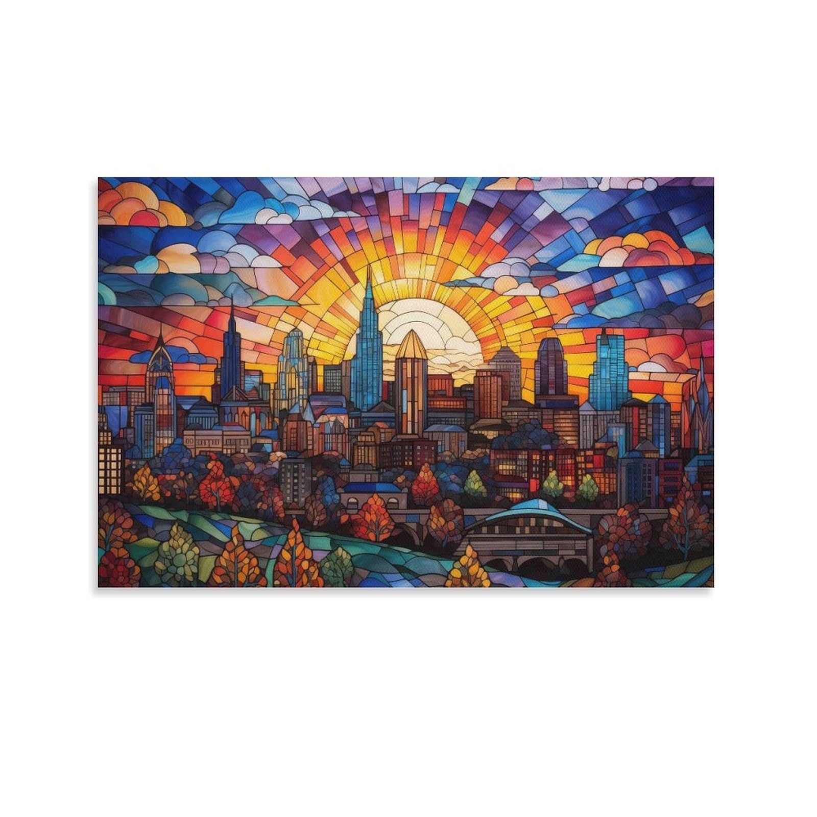 CPLVKWRQJ StainedGlassCitySunrise Individual Sunset Cityscape Colorful Stained Glass Artwork Wall Art Decor - Kitchen Canvas Wall Decor Removable Multi-Purpose Focal Point 20x30inch(50x75cm)