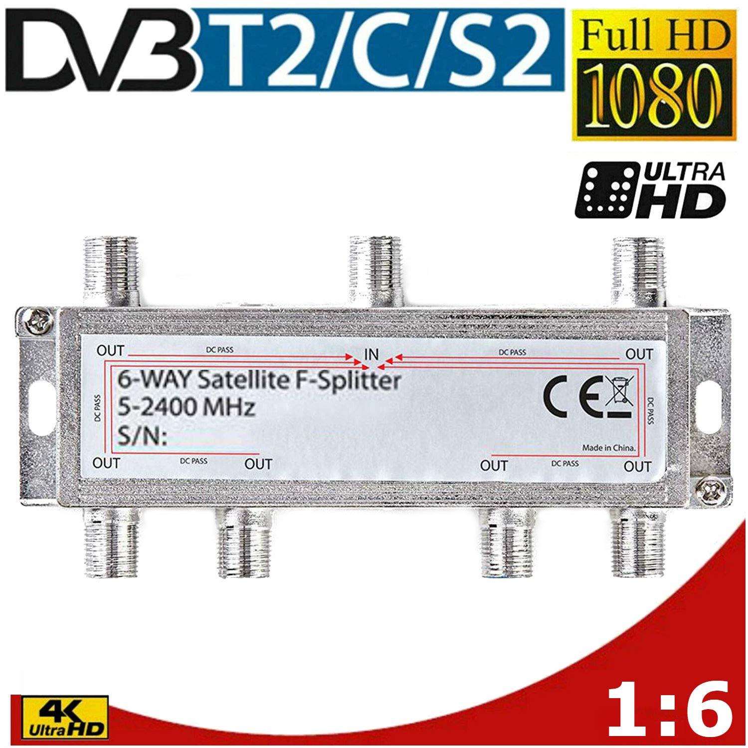 TronicXL Digital 6-Way DVBT DVBT2 DVBC Antenna Cable TV Splitter HDTV 6-Way TV Full HD Switch 6 x 6 Way Soft Switch F-Connector Trunk Cable Splitter