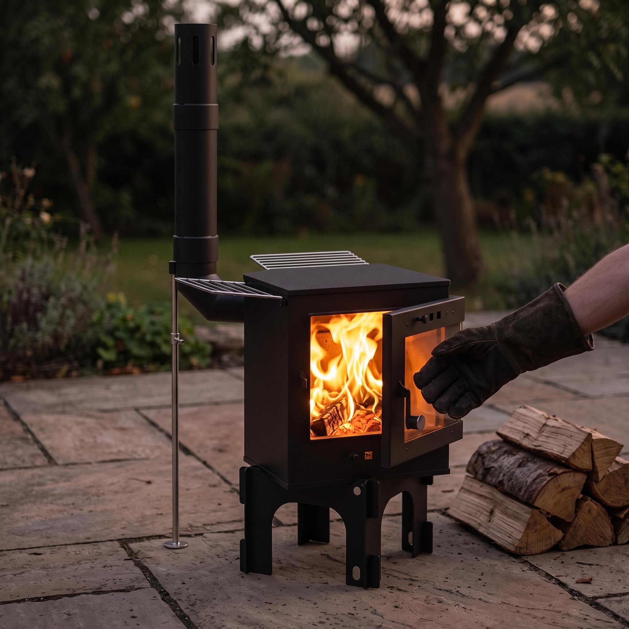 Stufa Multifuel per Campeggio e Giardino, Fornello da Esterno Portatile con Griglia BBQ e Visione del Fuoco