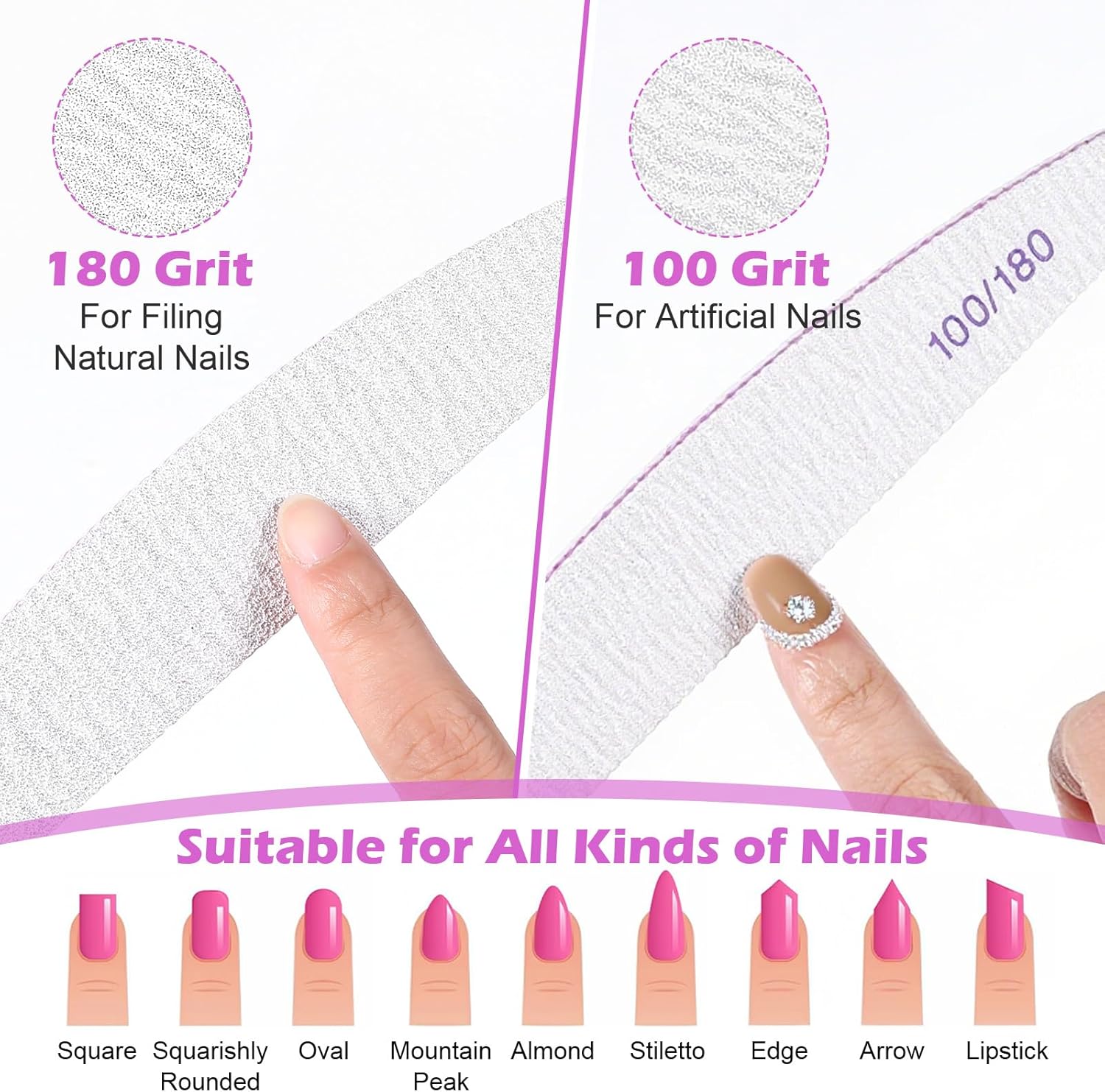 150 Pcs 100/180 Grit Nail Files Bulk, Professional Nail Files 100/180 Grit, Double Sided Emery Boards Reusable Manicure Tools for Acrylic Natural Nails, Home or Salon Use