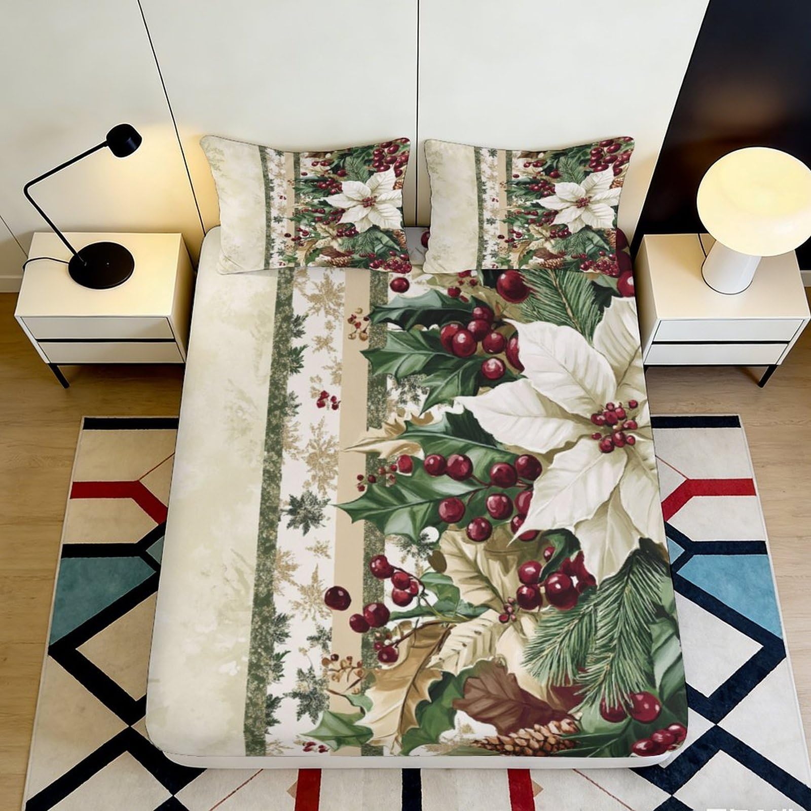 Pnayamiorkfel Style-3 3D Printed Christmas Poinsettia Fitted Sheet Microfiber Soft Decorative Holly Mattress Cover For Bedroom Guest Room Easy Care 90X200x25cm