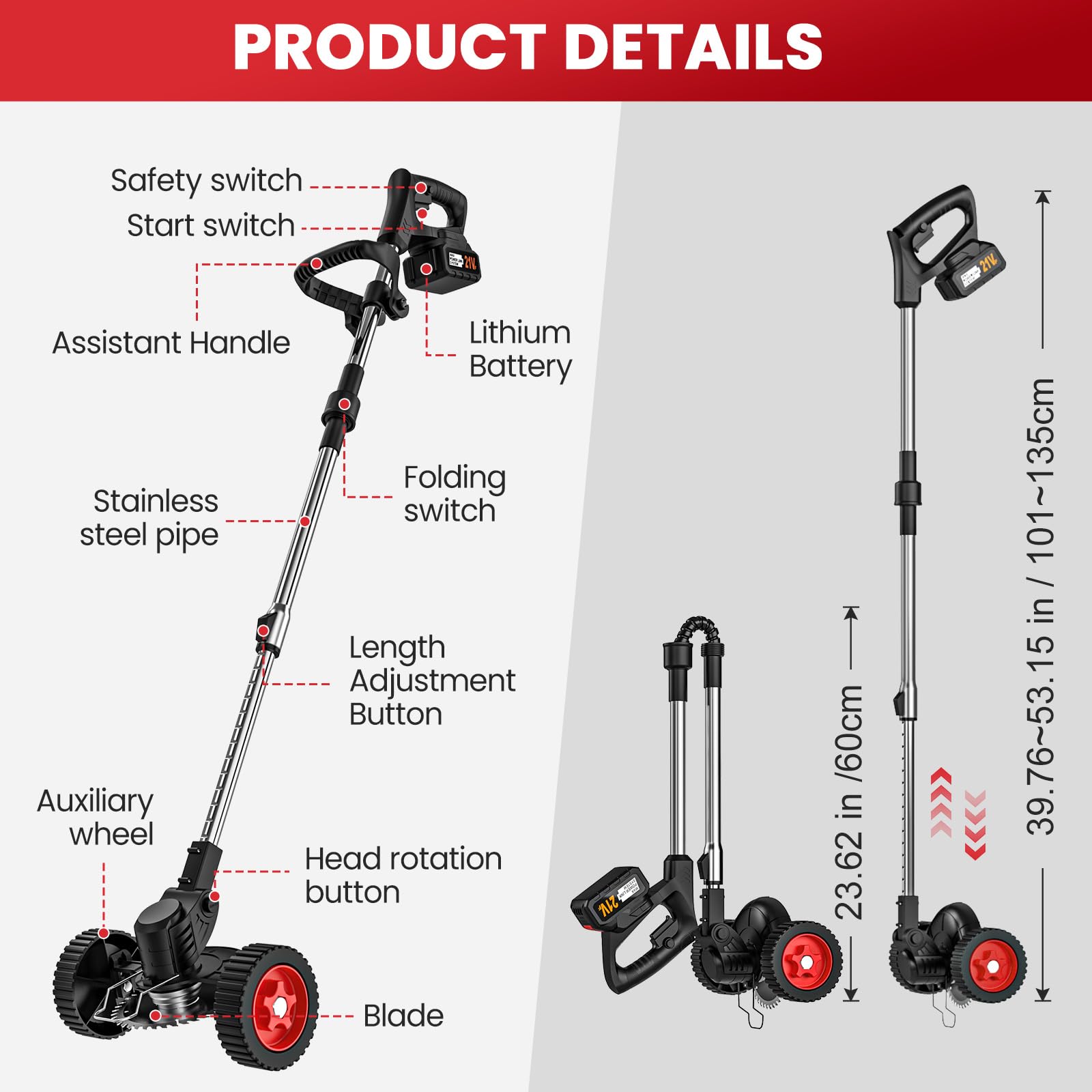 Desbrozadora Bateria 21V, Desbrozadora Electrica con 2 x 3.0Ah Baterías y 3 Cuchillas, Ruedas Desmontables, Varilla Telescópica, Cortacésped de Batería Plegable para Recortar Césped y Arbustos
