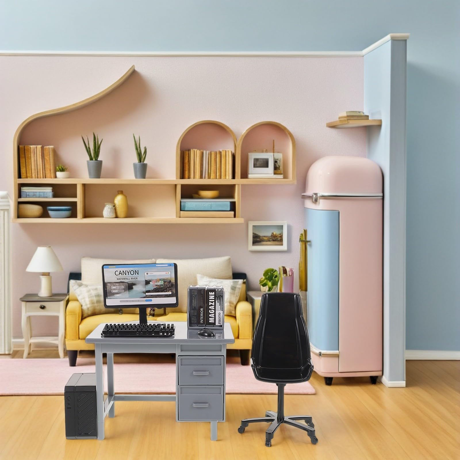 Balacoo Set di 2 set di scrivania per computer in miniatura, scala 1:12 | Accessori per mobili per casa delle bambole con computer, tavolo, sedia, tastiera, mouse, monitor libri, CPU